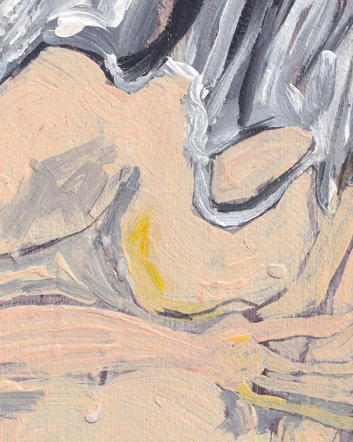 Abstract painting with textured brushstrokes in beige, gray, and yellow tones.
