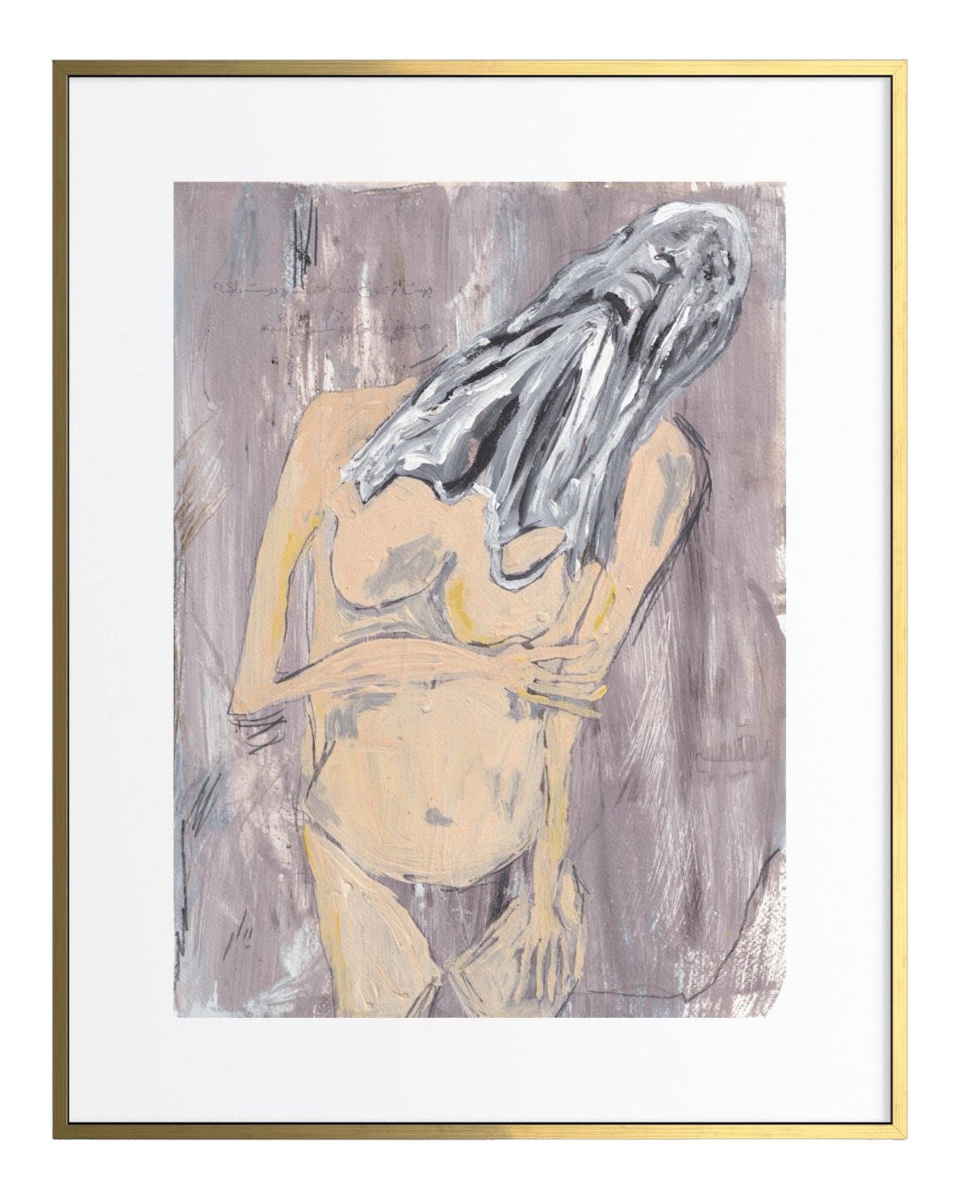 Abstract artwork of a nude figure with a draped cloth on a textured background