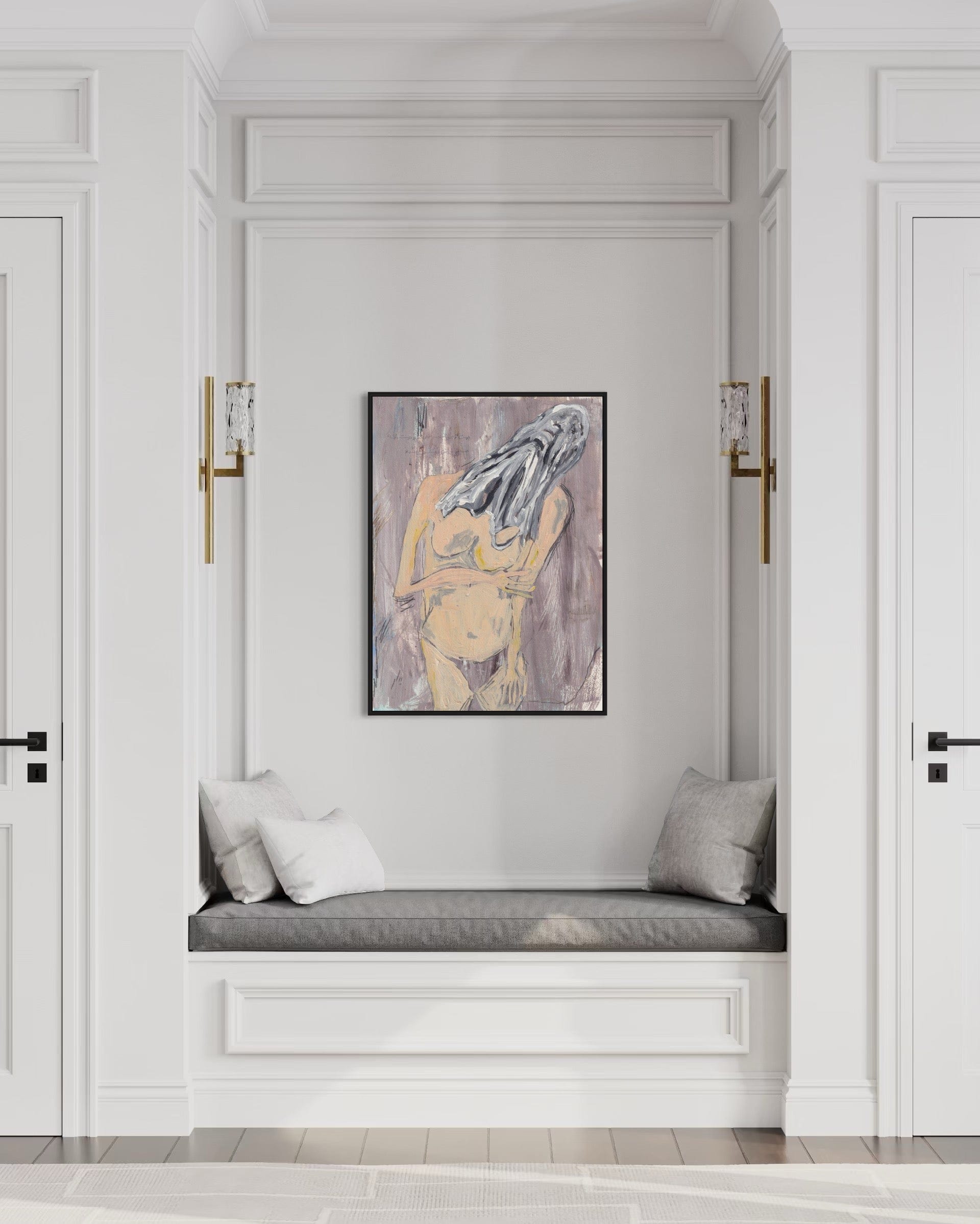 Decorative interior with a bench, cushions, and a framed abstract painting on a wall.