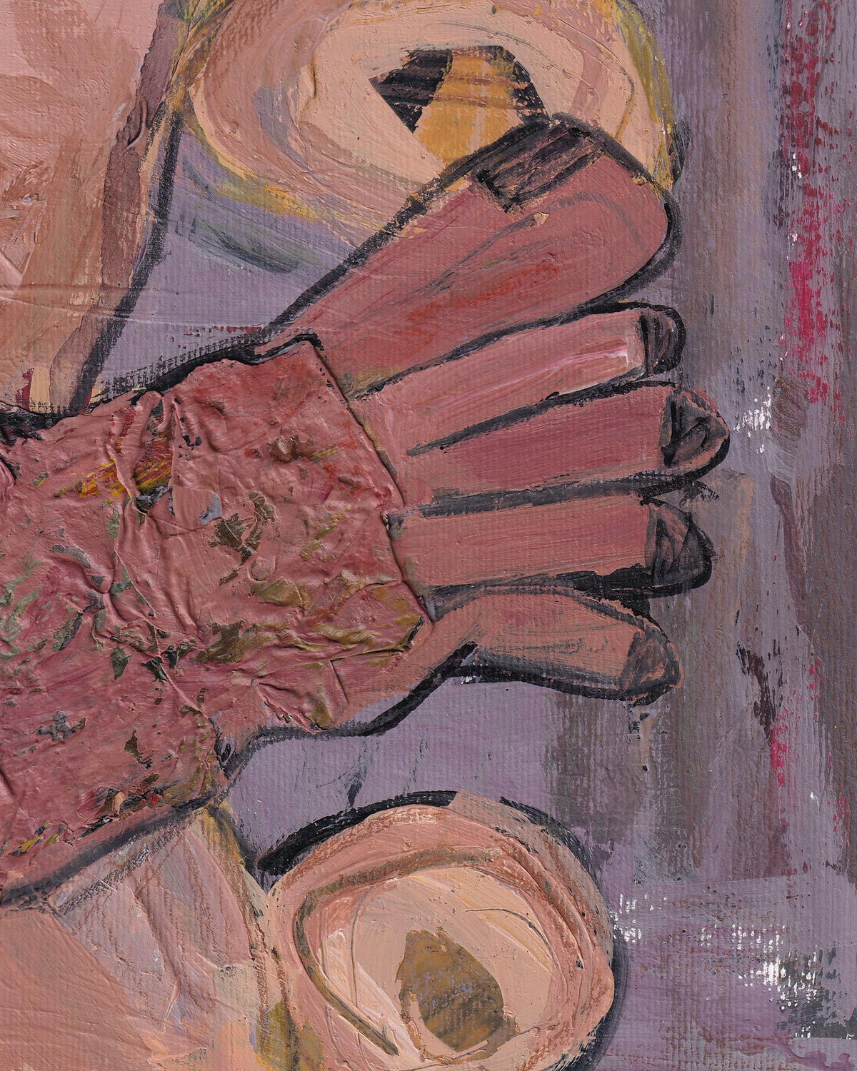 Abstract painting with pink glove and swirling colors