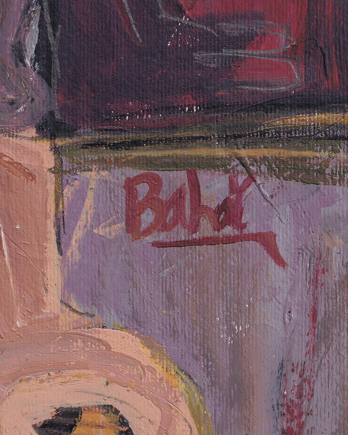 Artistic signature on a textured surface with abstract brush strokes