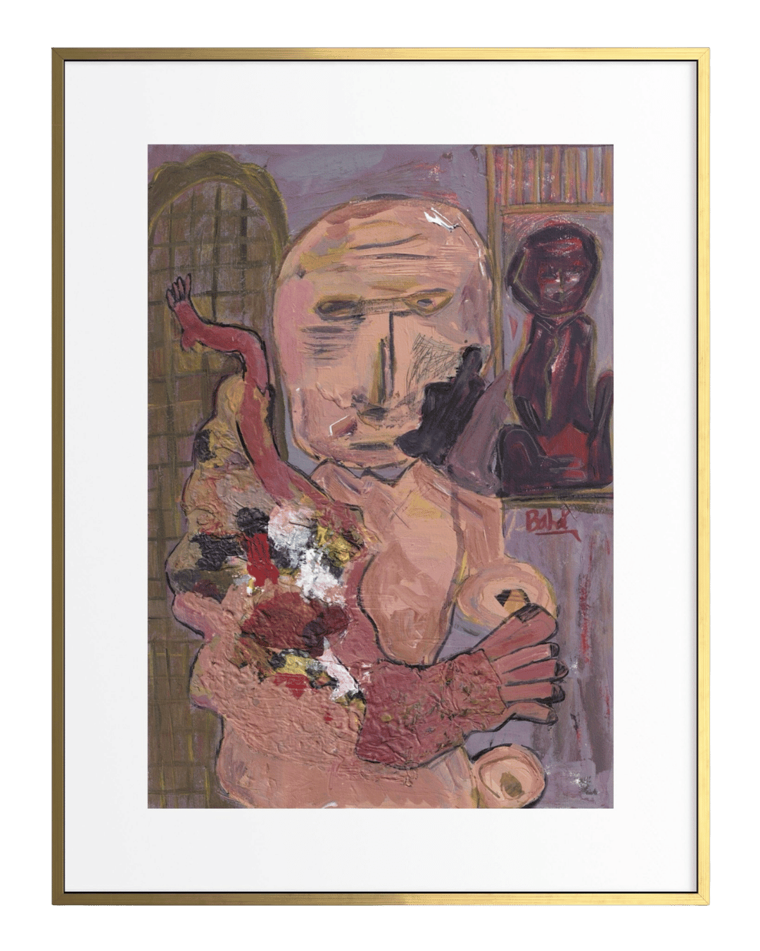 Framed artwork of a stylized figure with abstract elements