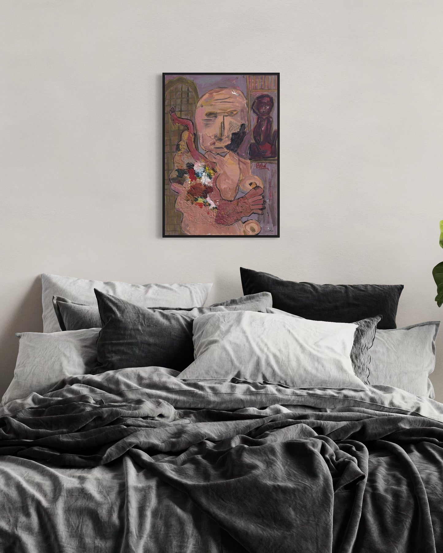 Bedroom with a painting of a man holding a palette on the wall above the bed.