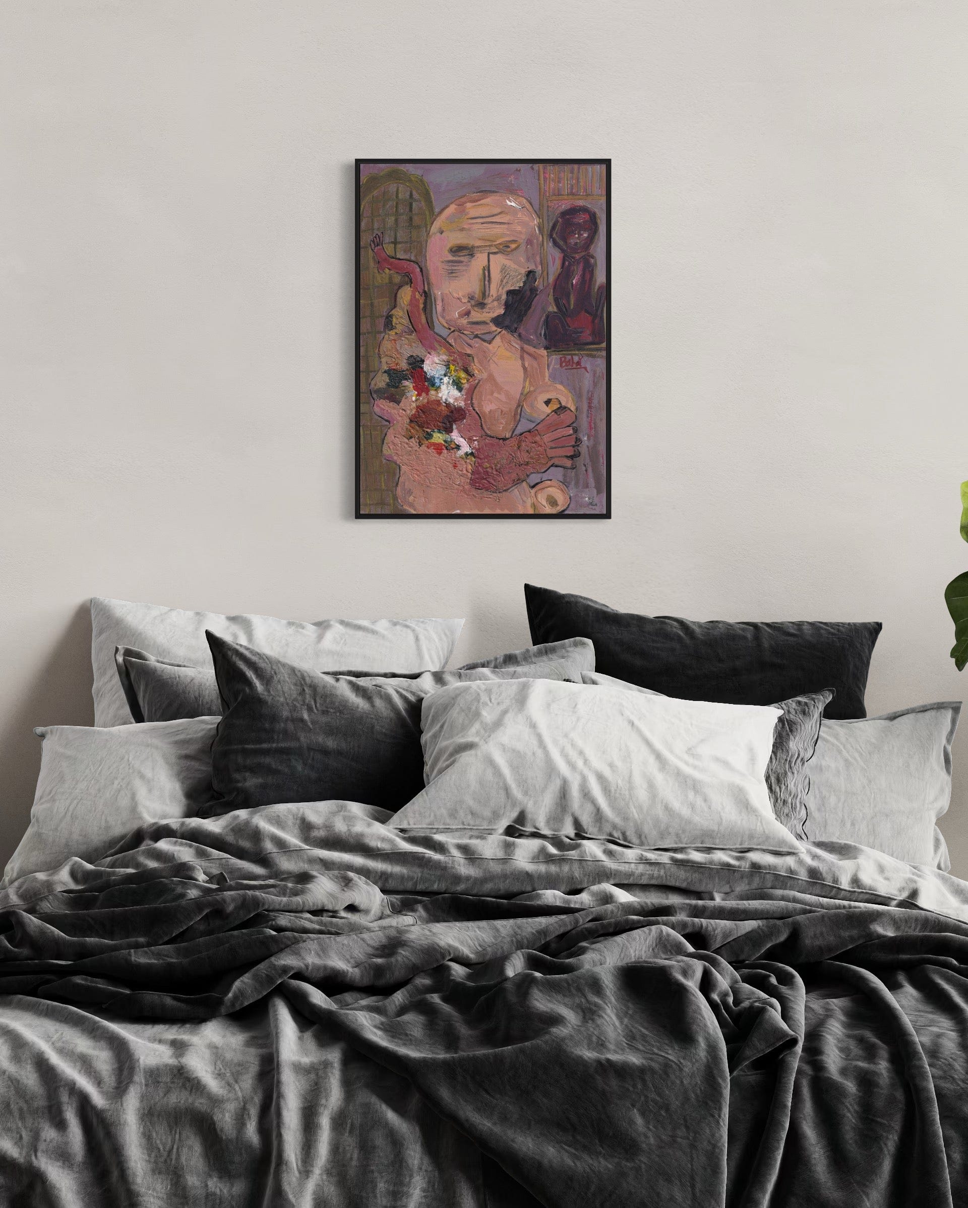 Bedroom with a painting of a man holding a palette on the wall above the bed.