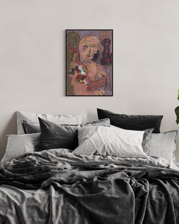 Bedroom with a painting of a man holding a palette on the wall above the bed.
