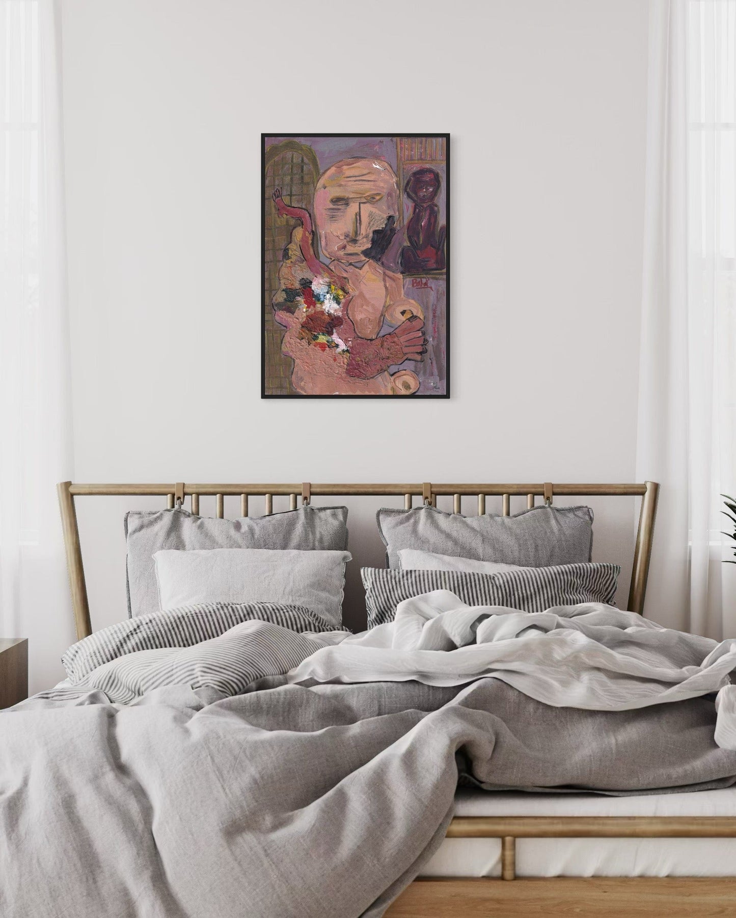 Bedroom with a bed and abstract painting on the wall