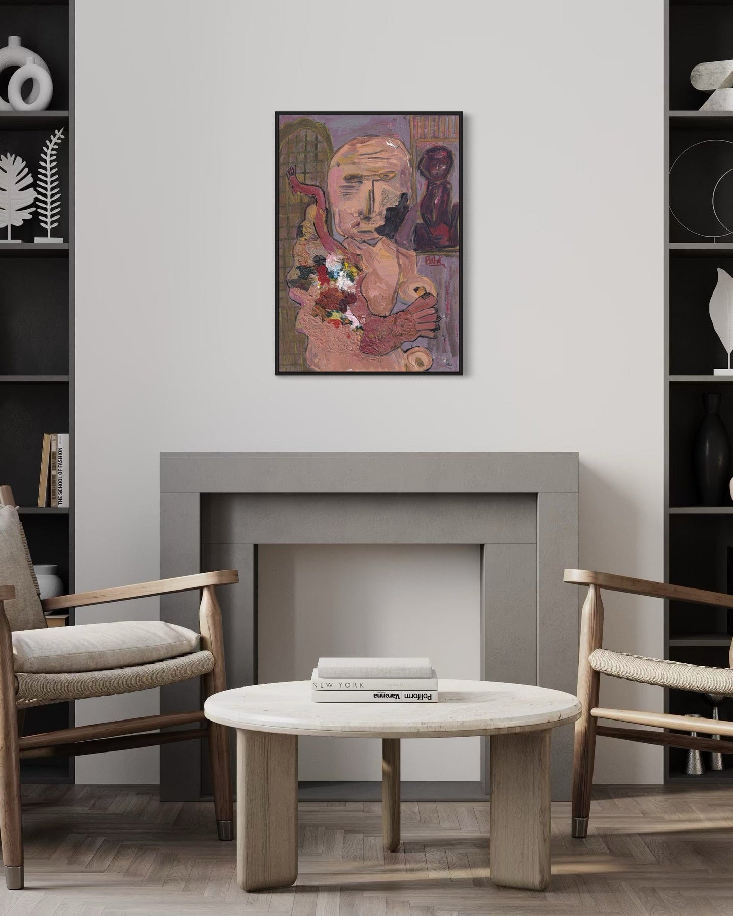 Living room with a fireplace, coffee table, chairs, and a colorful abstract painting on the wall.
