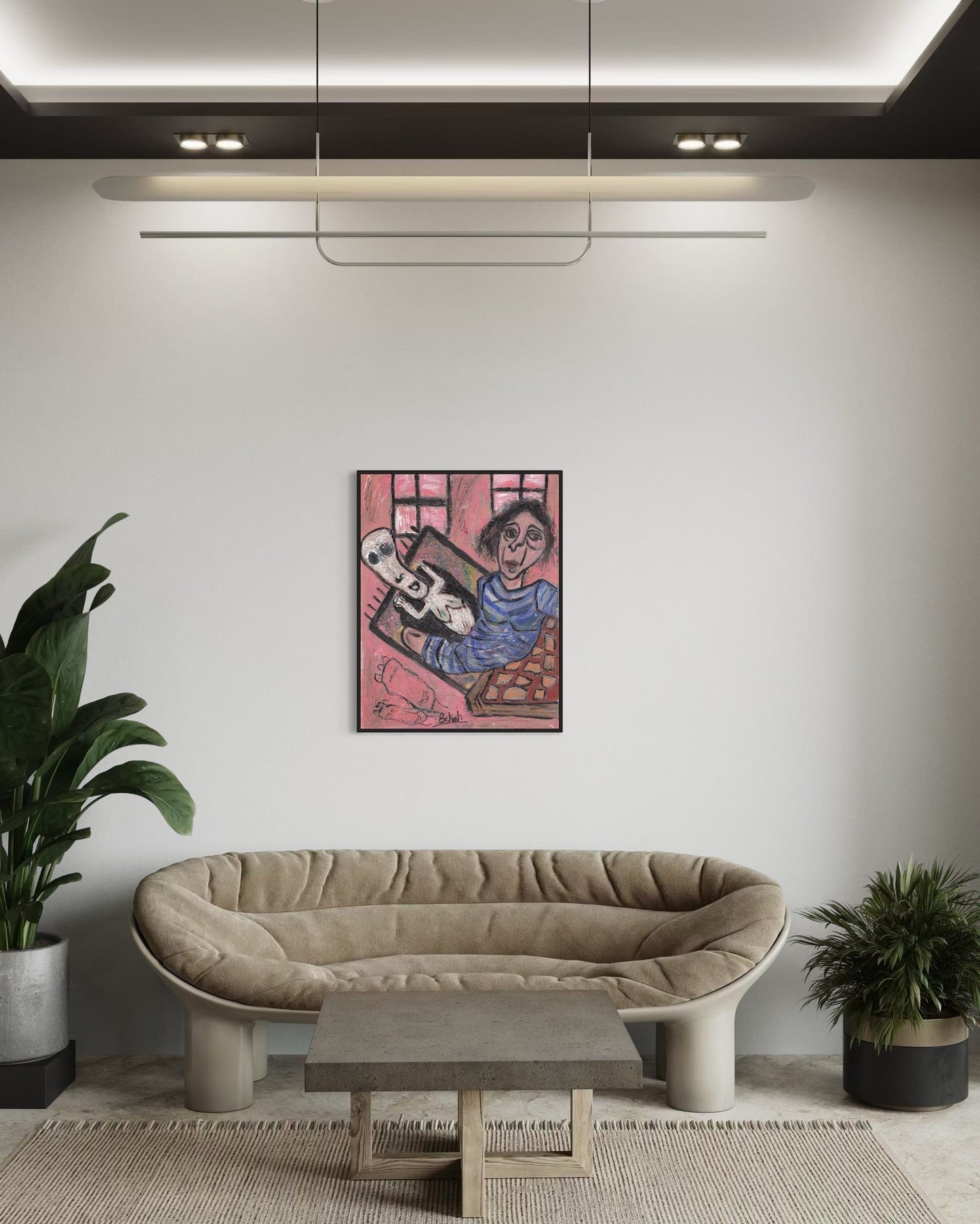 Modern living room with a beige sofa, coffee table, and artwork on the wall.