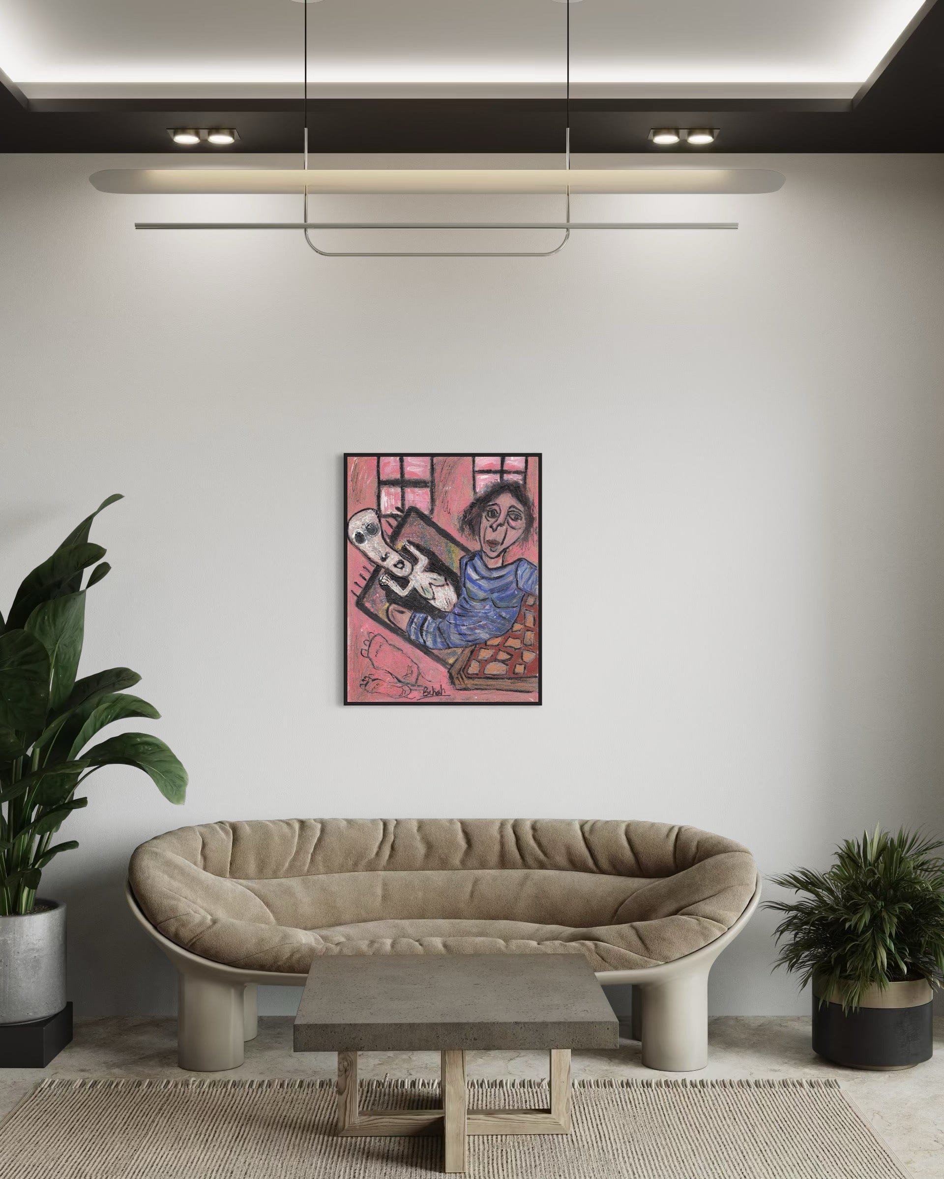 Modern living room with a beige sofa, coffee table, and artwork on the wall.