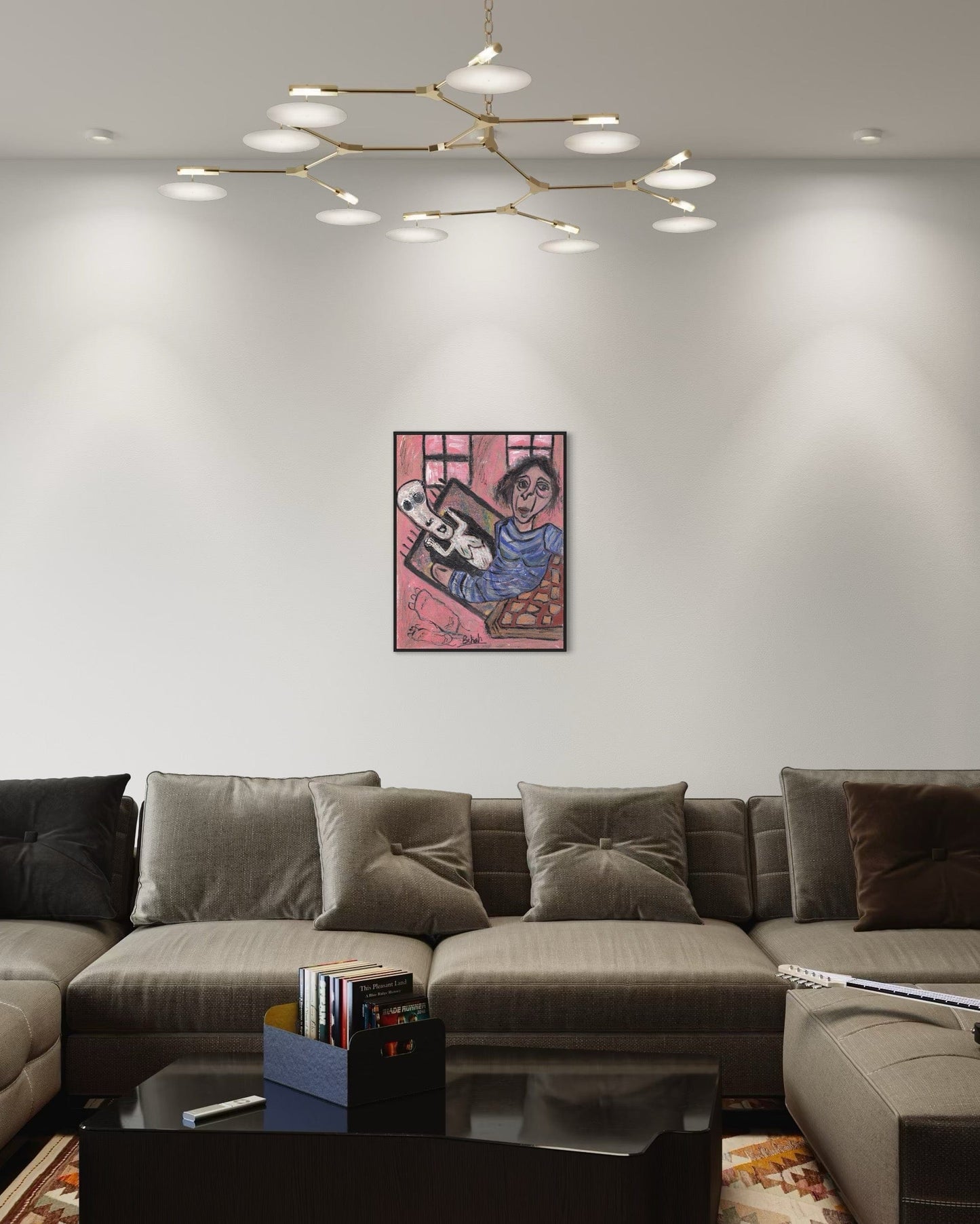Modern living room with a sectional sofa, coffee table, and wall art.