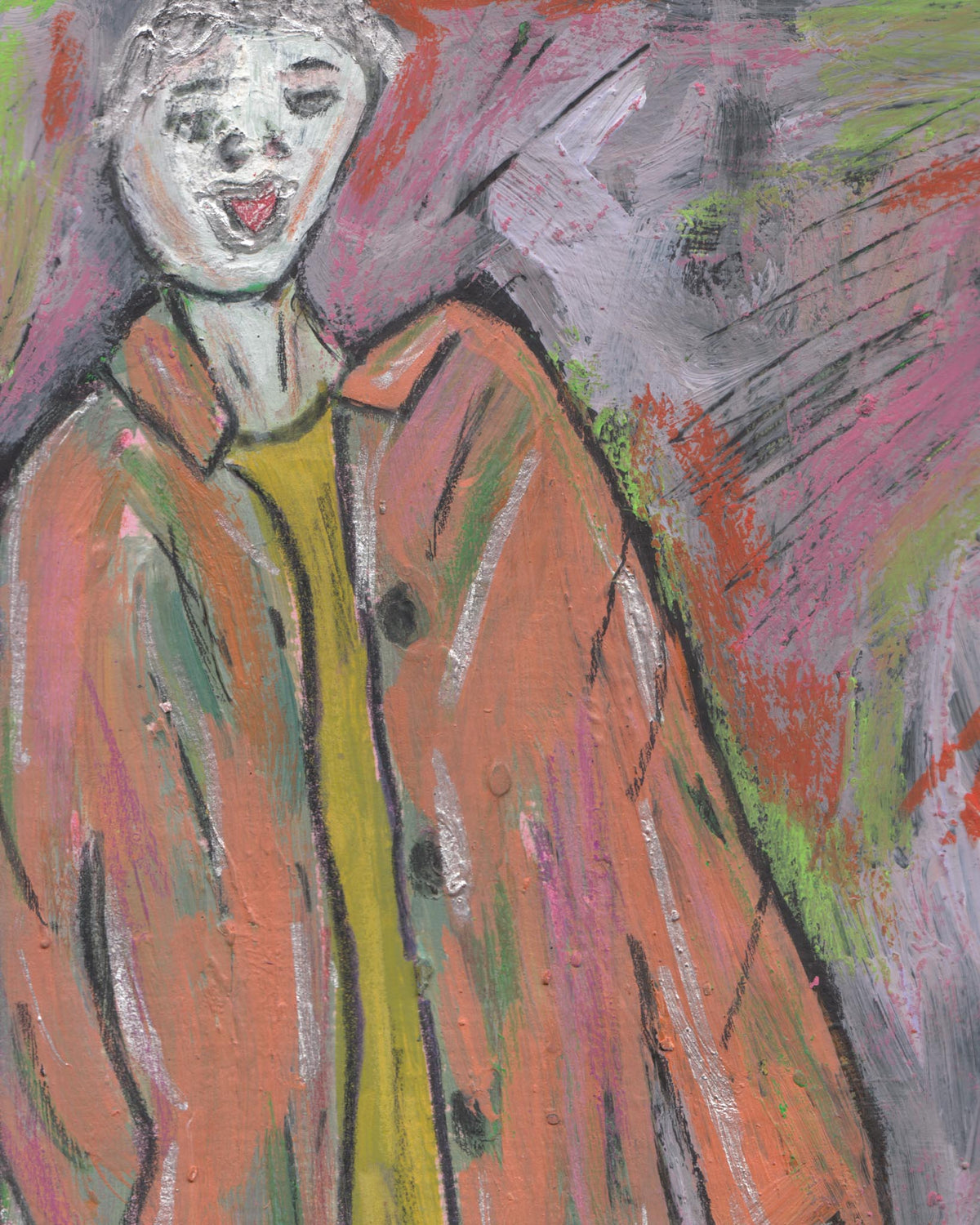 Abstract painting of a figure wearing a red coat with a colorful background