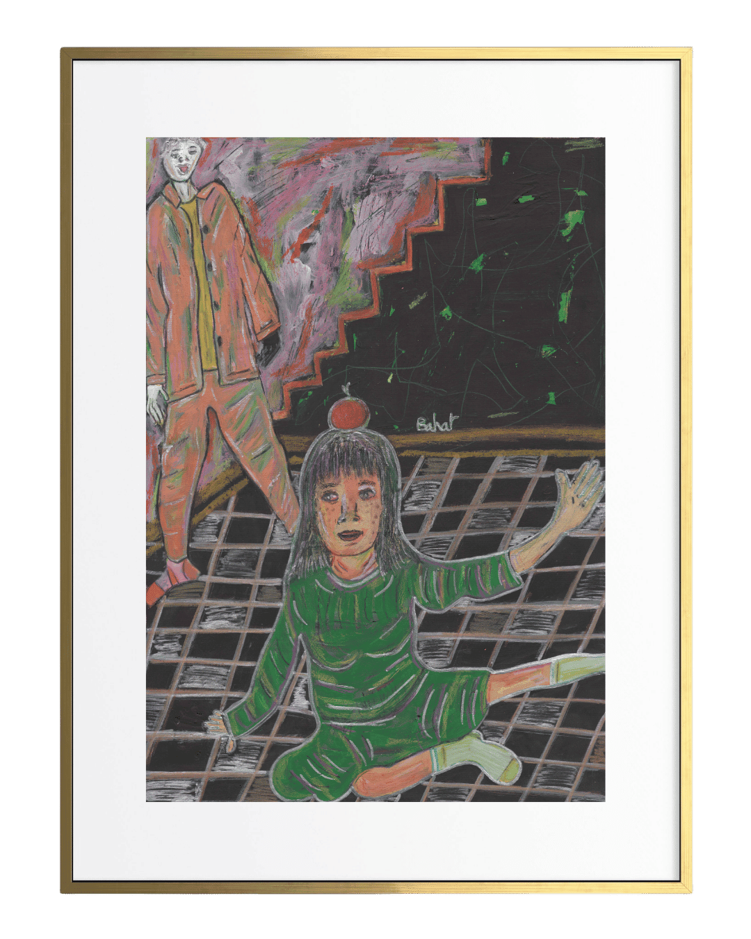 Framed artwork of a child in a green dress sitting on a tiled floor with another figure in the background.