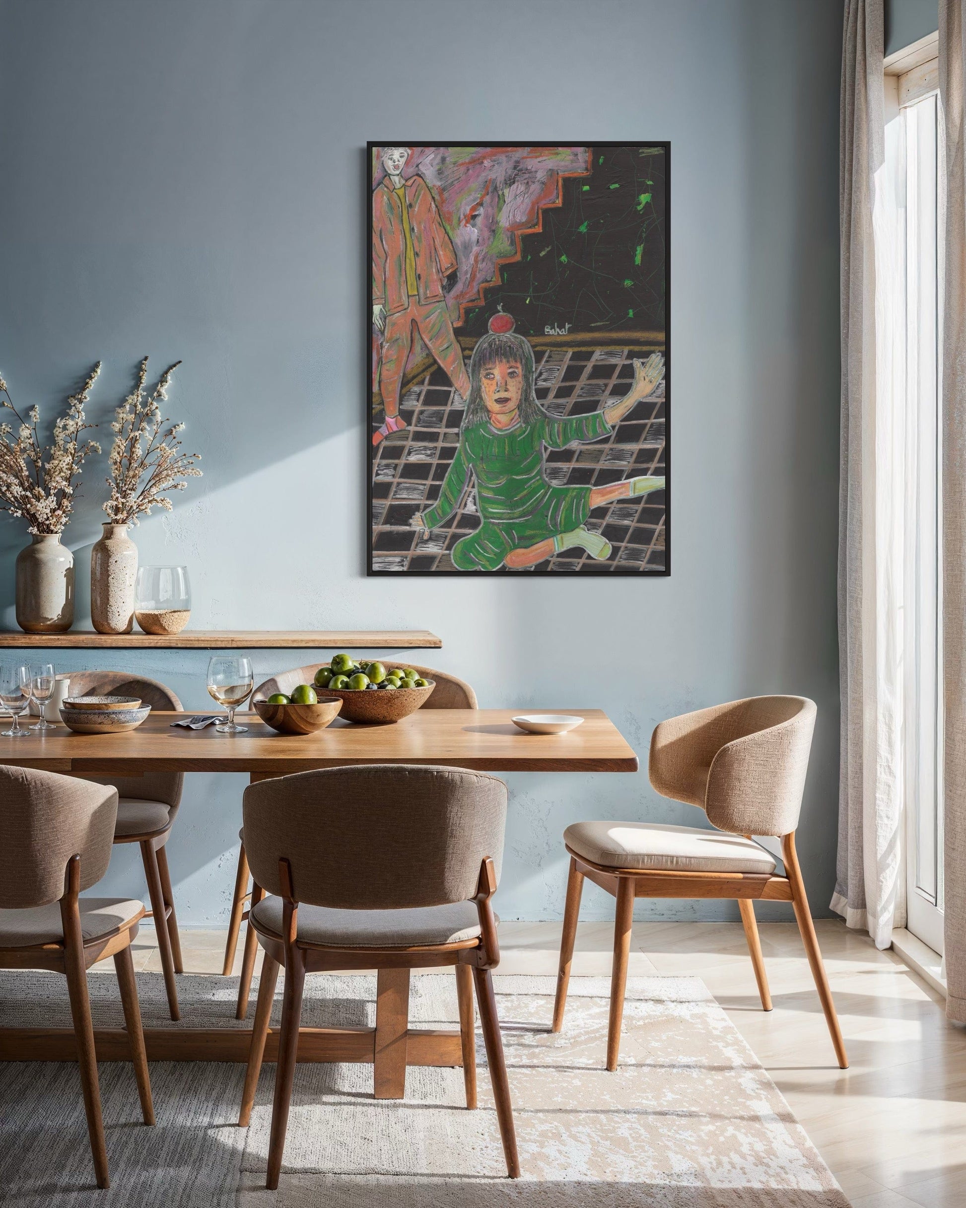 Dining room with wooden table and chairs, colorful abstract painting on the wall.