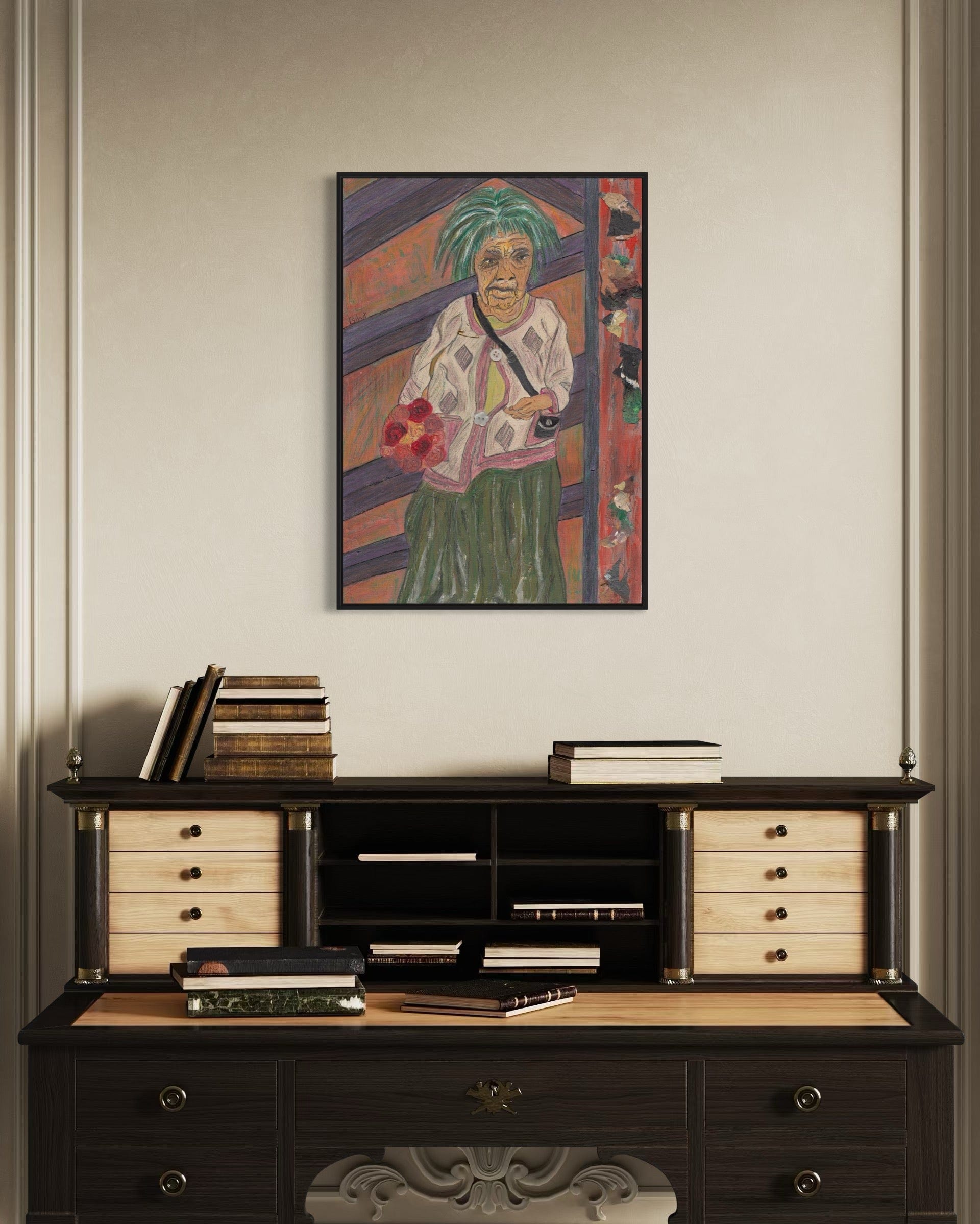 Decorative office desk with a colorful painting of a woman on the wall above it.