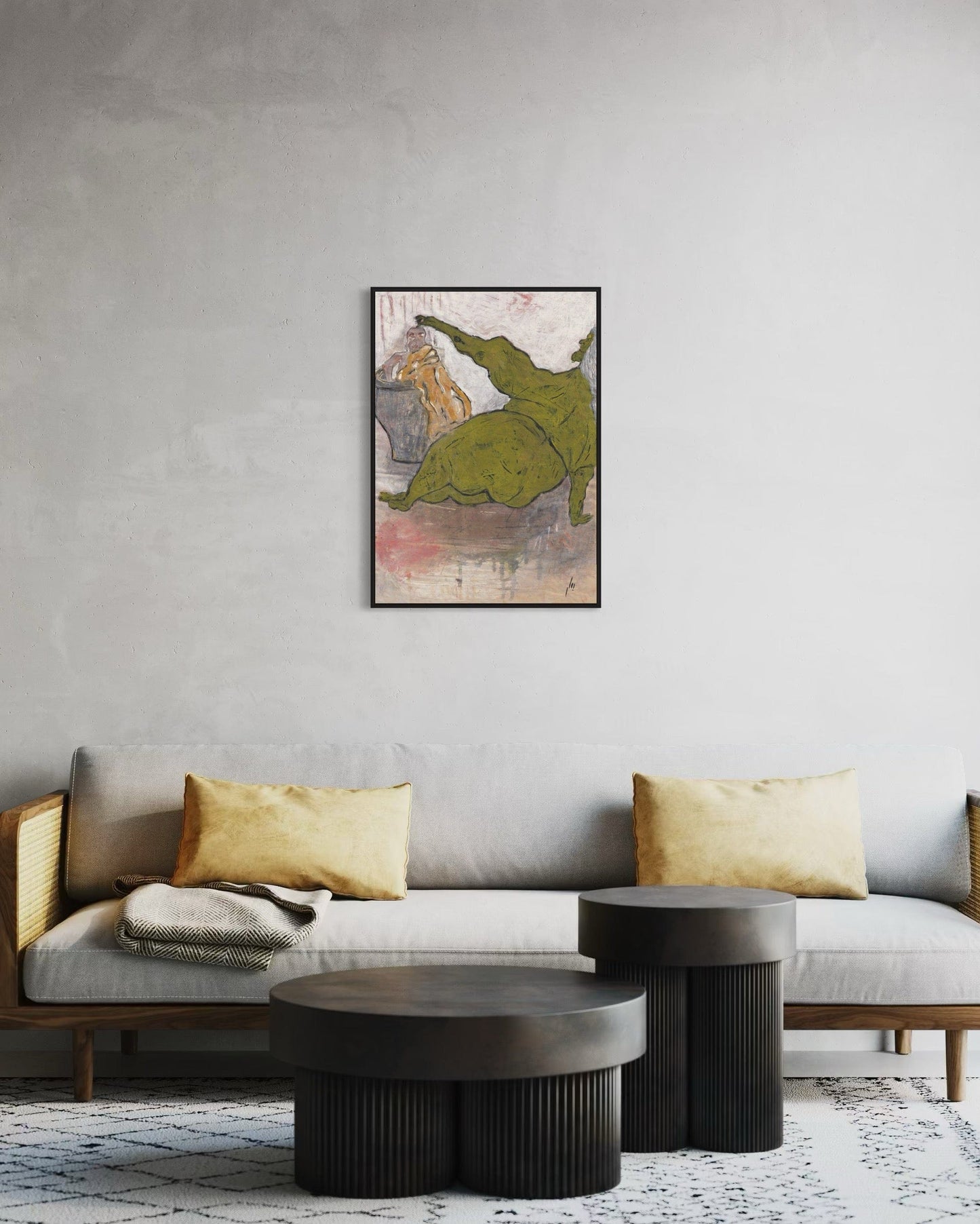 Living room with a gray sofa, gold pillows, and a wall art piece.