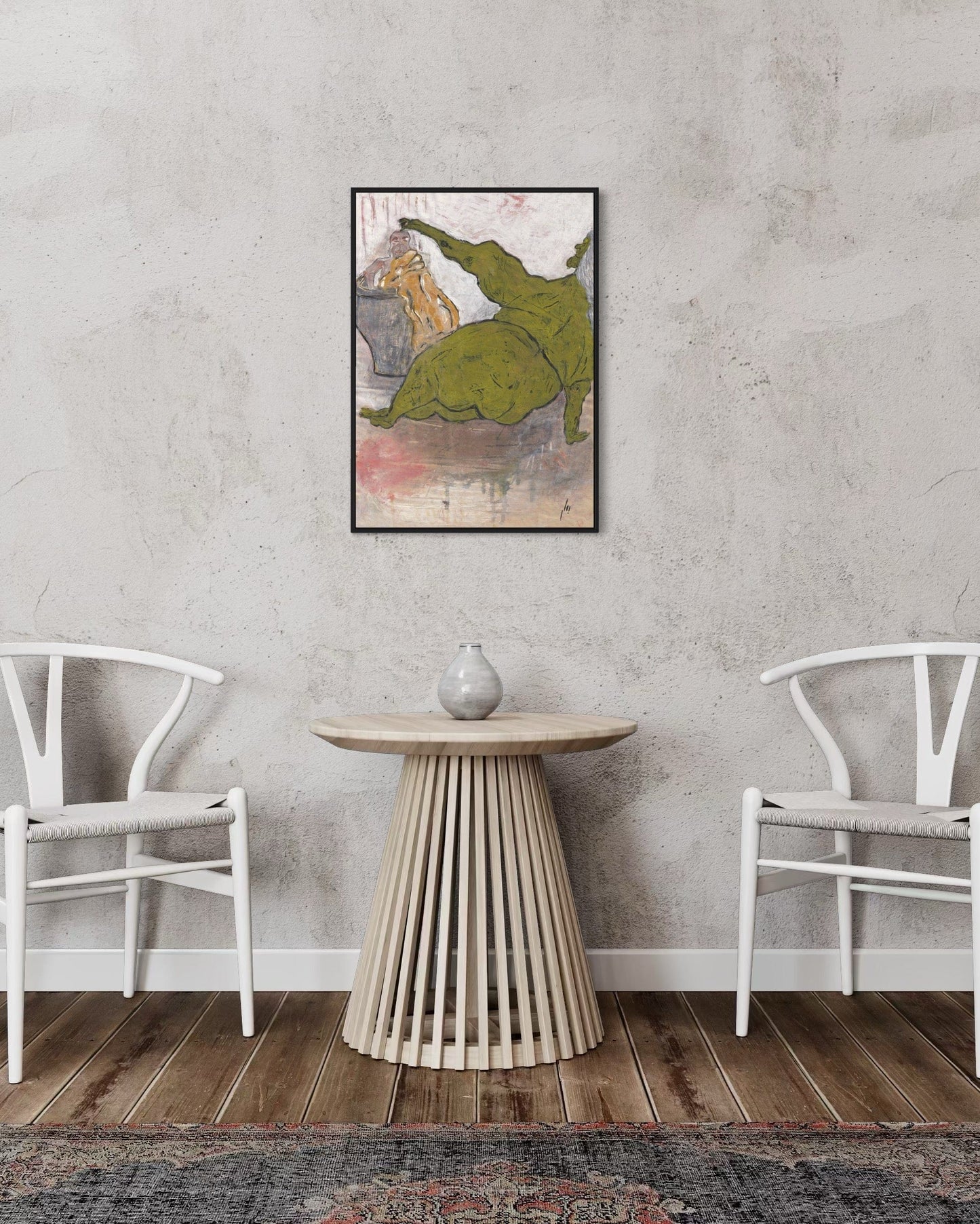 Modern interior with a side table and two chairs against a textured wall with a framed abstract painting.