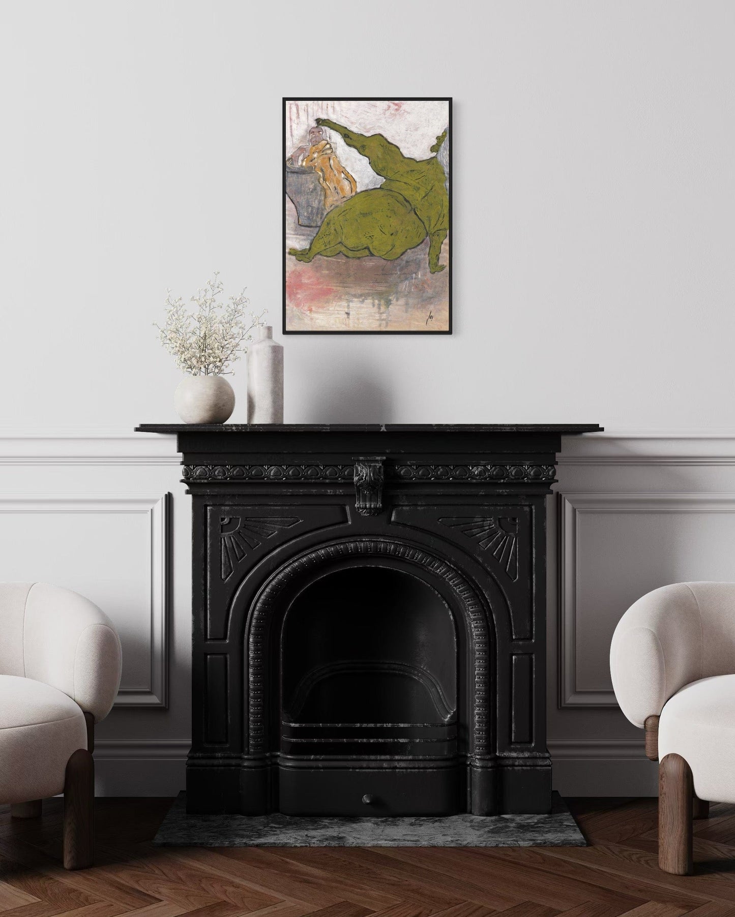 Decorative fireplace with a framed artwork above it in a room with two armchairs.