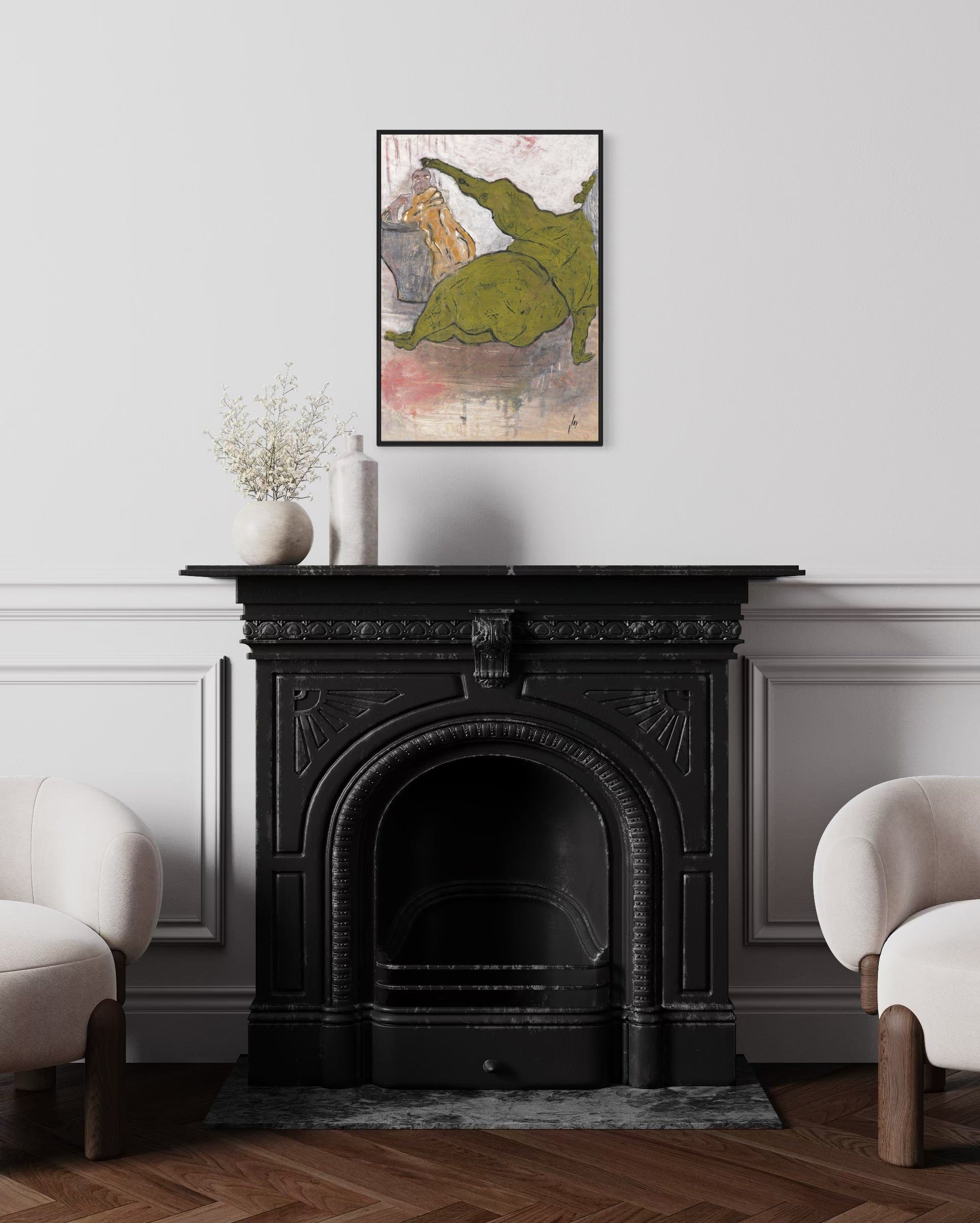 Decorative fireplace with a framed artwork above it in a room with two armchairs.