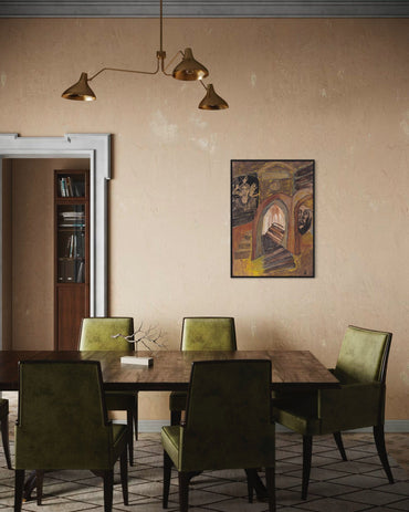 Dining room with wooden table and green chairs, gold pendant light, and framed artwork on the wall.