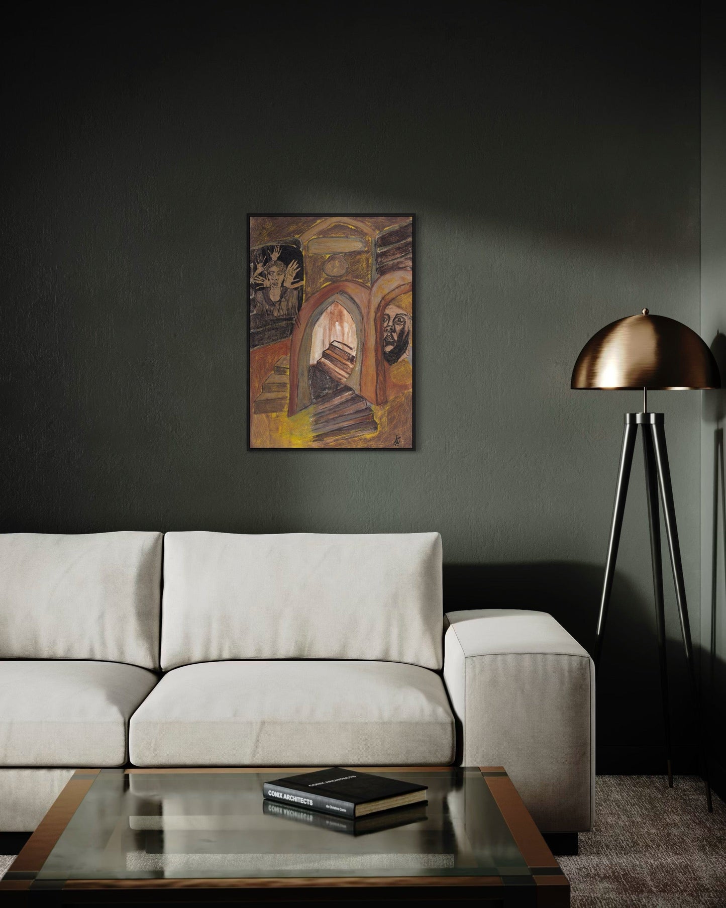 Modern living room with a beige sofa, glass coffee table, and wall art.