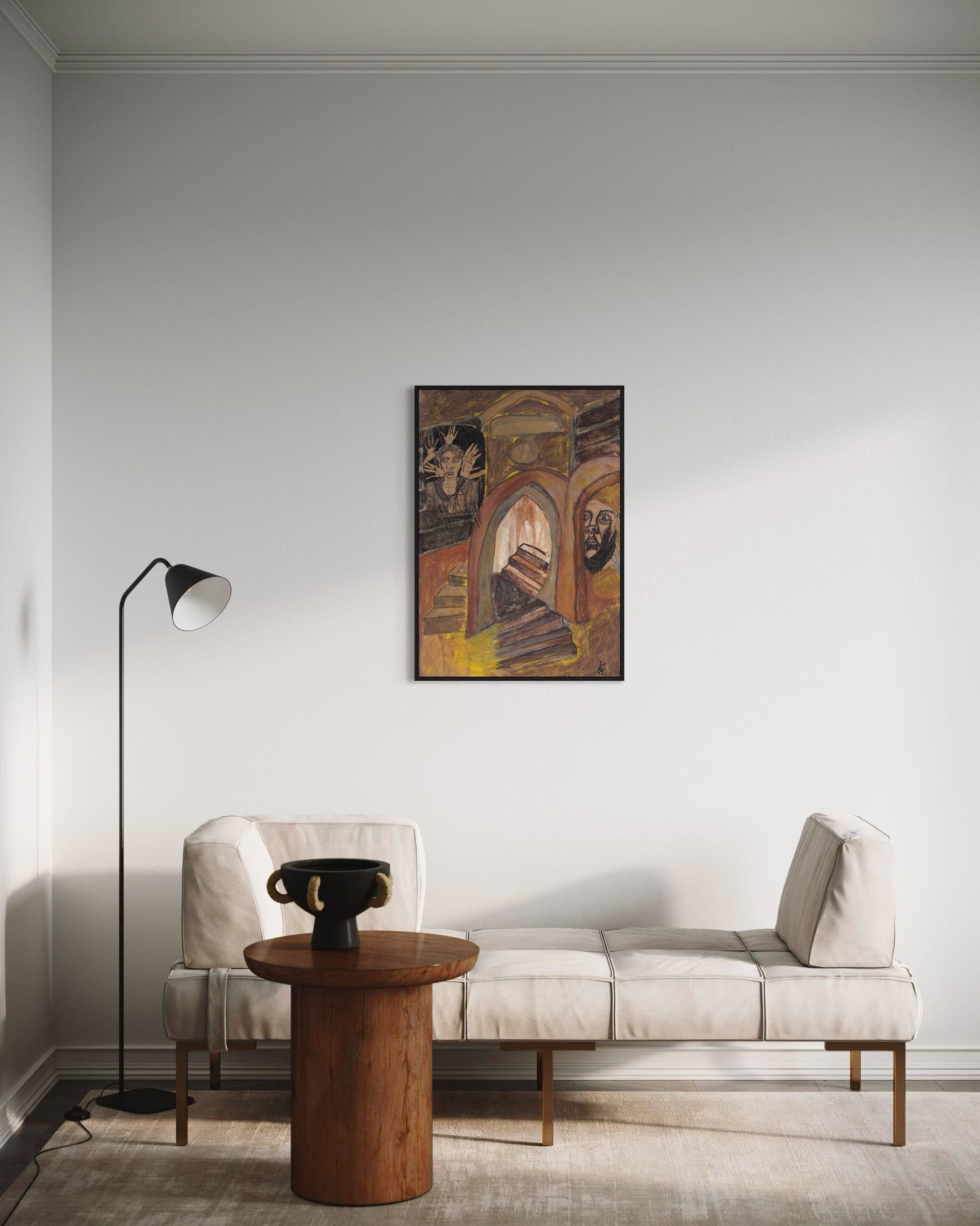 Modern living room with a beige sofa, wooden side table, and decorative wall art.