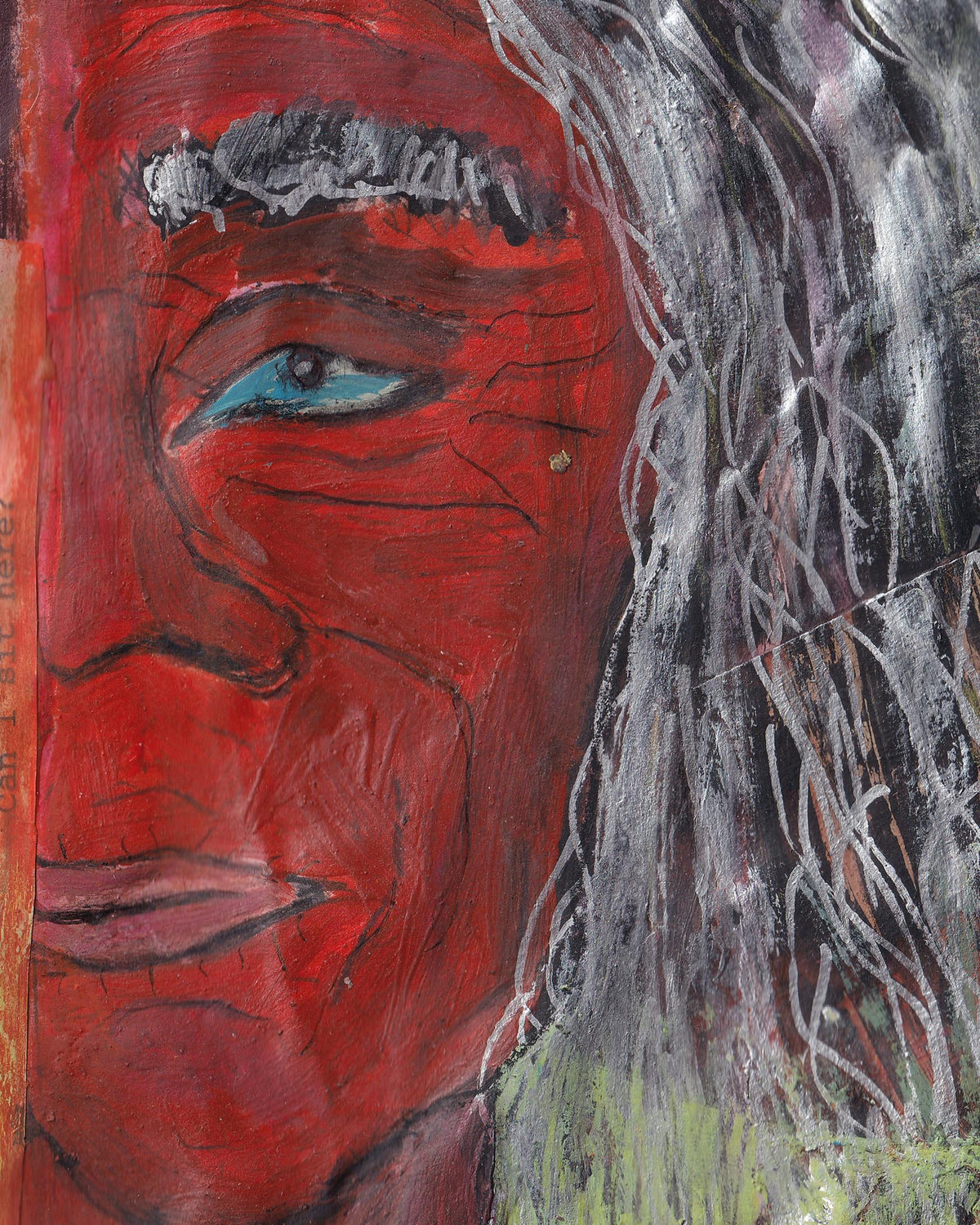 Artistic depiction of a red face with blue eye and white hair