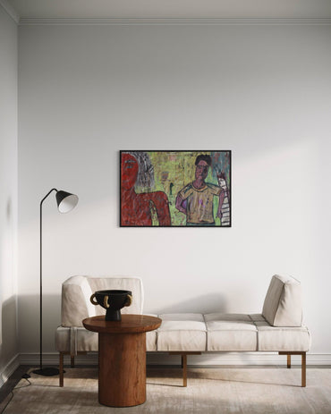 Modern living room with a sofa, table, and abstract painting on the wall.