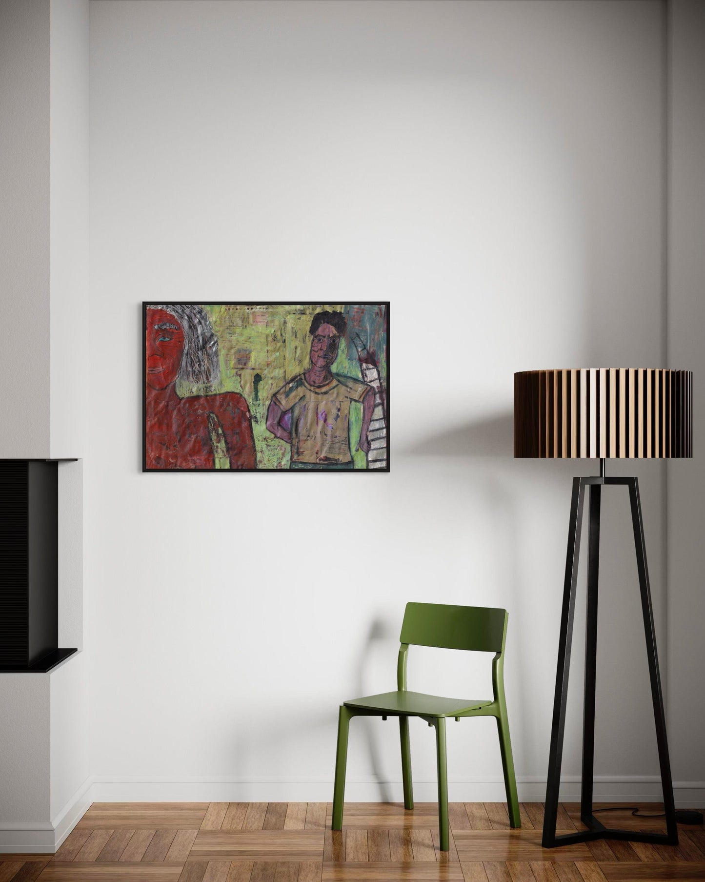 Modern interior with a colorful painting, green chair, and tall lamp.