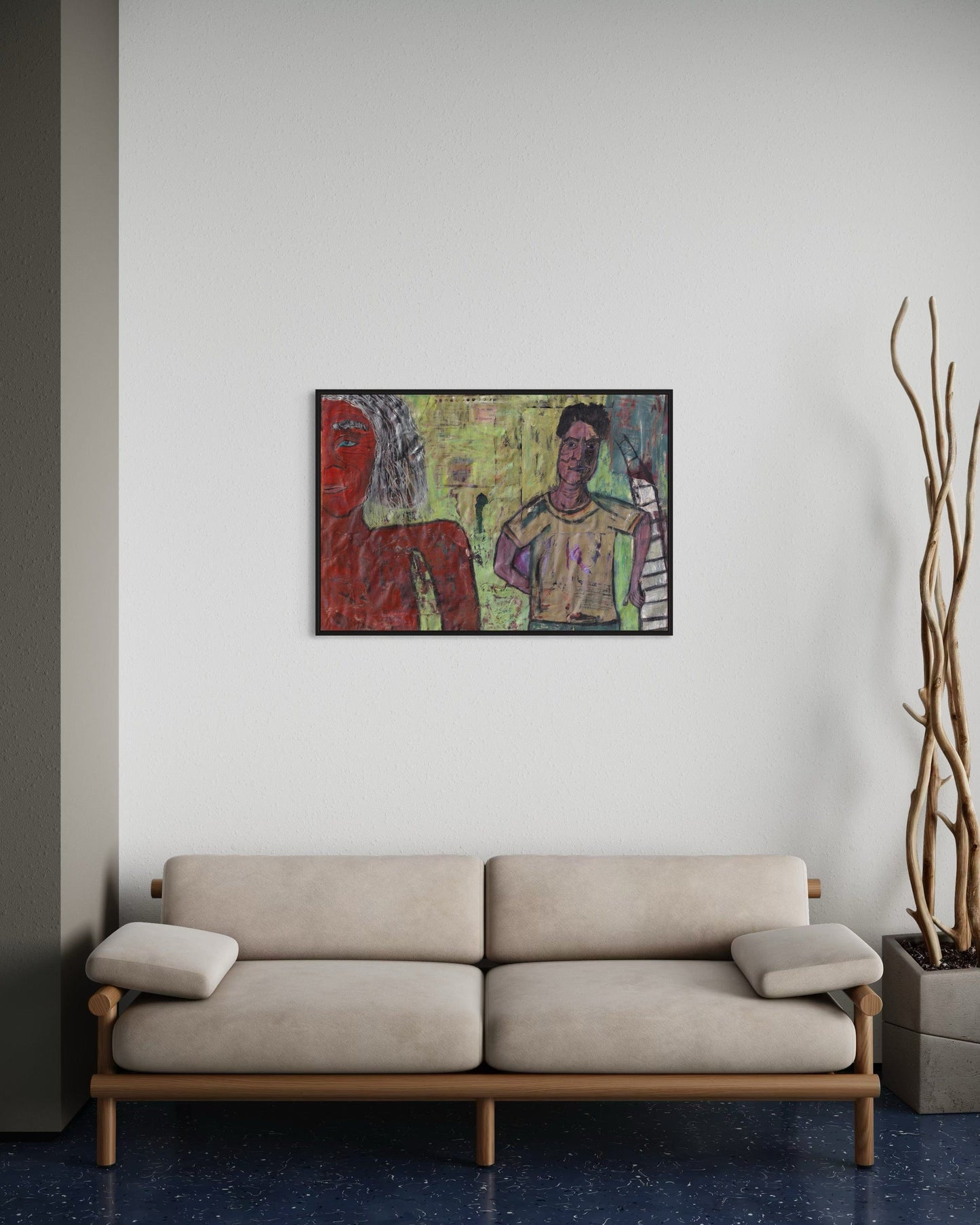 Beige sofa in a room with a colorful abstract painting on the wall.