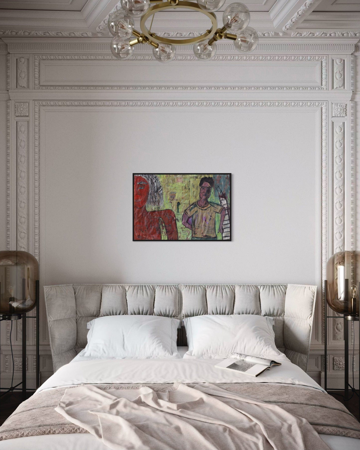 Neatly made bed in a bedroom with decorative wall art and lighting.