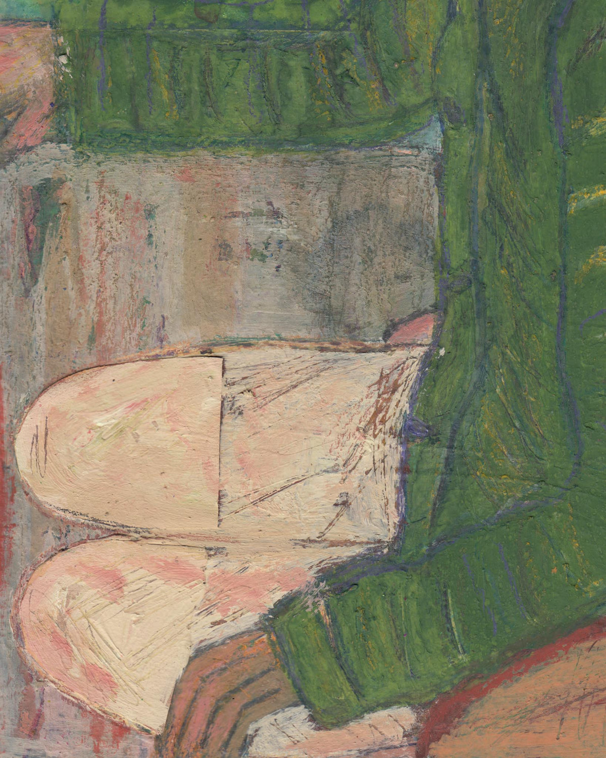Painting of a person wearing a green sweater with a neutral background