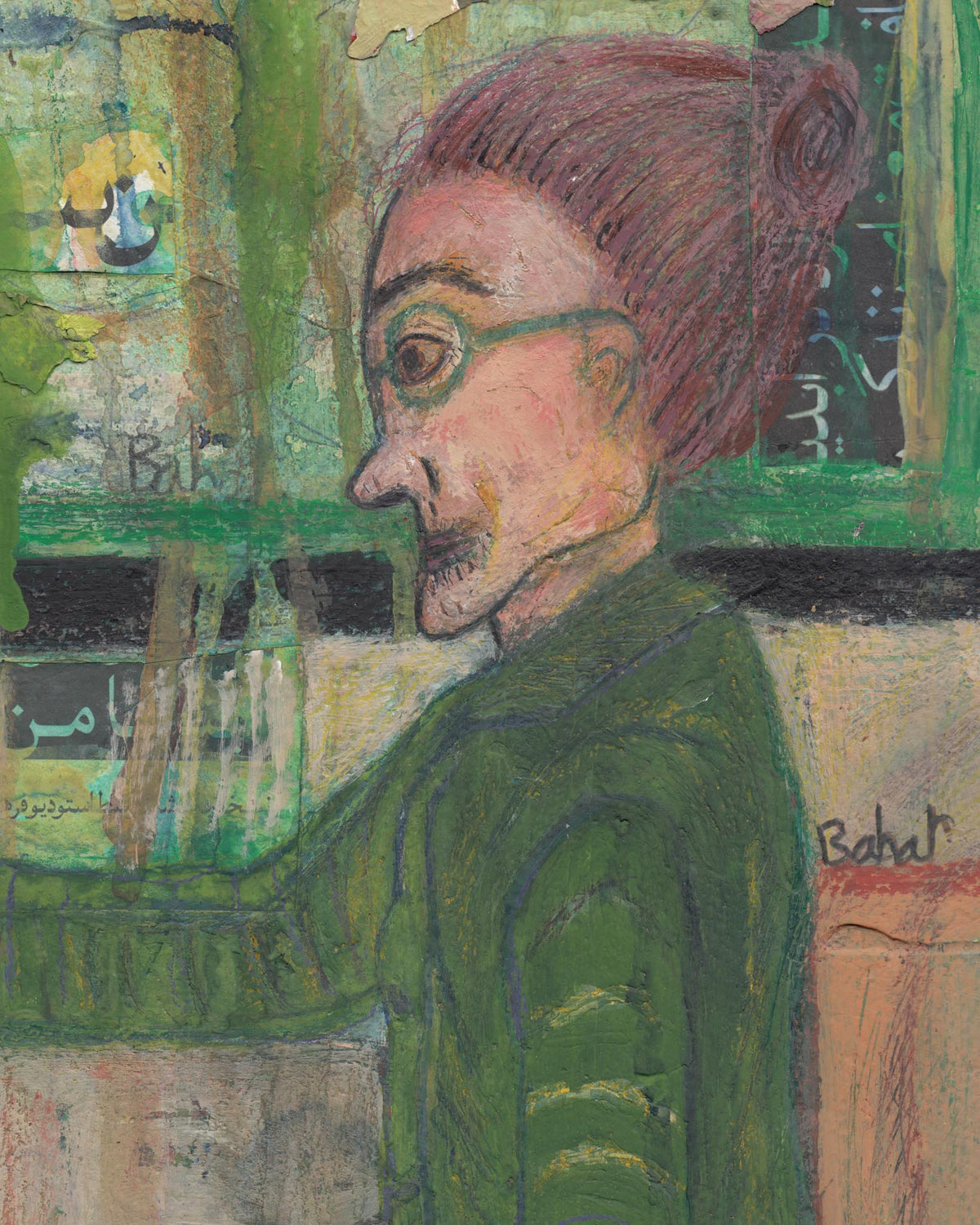 Artistic depiction of a person with green clothing and glasses, with a stylized background.