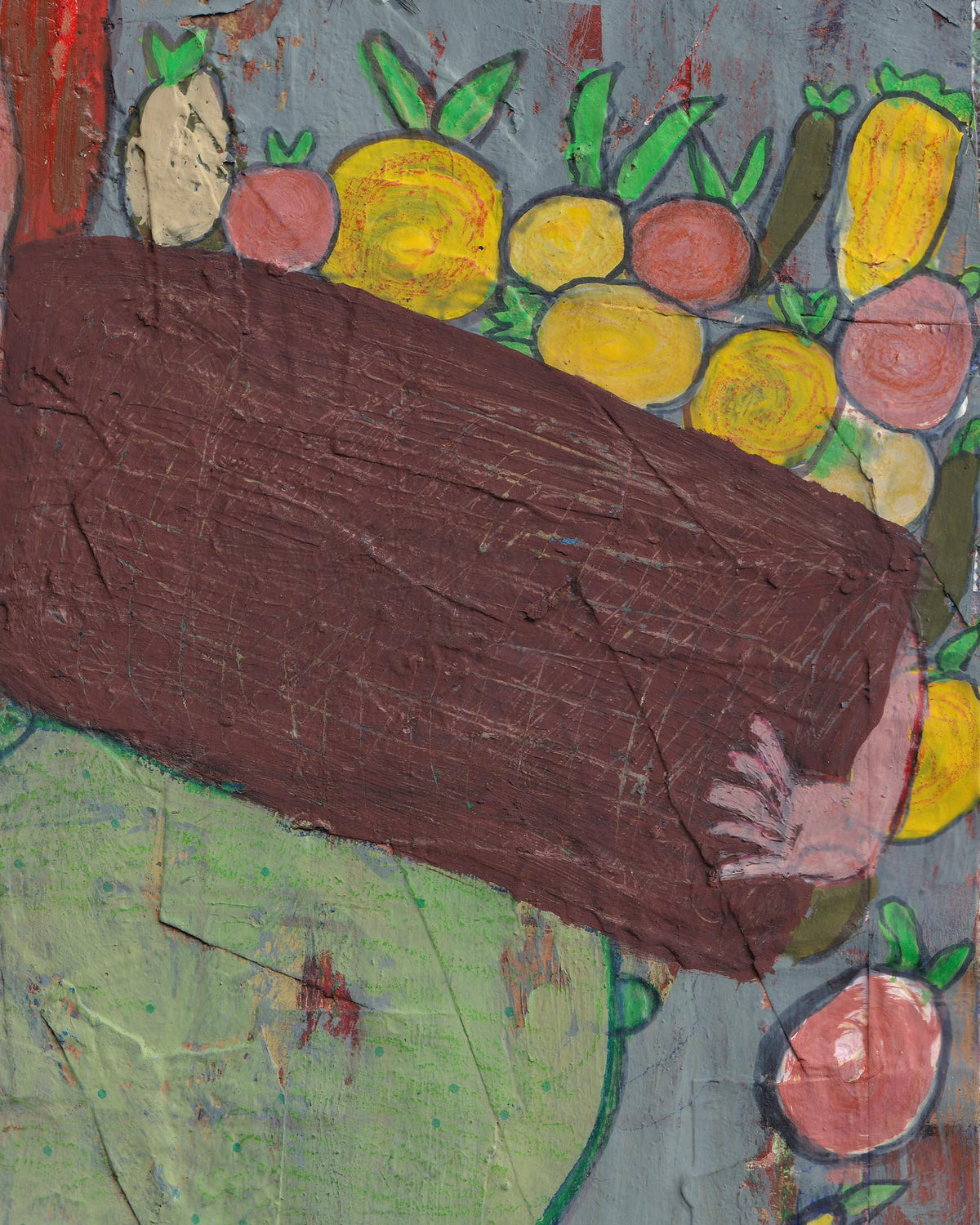 Colorful drawing of a log with fruit on a textured background
