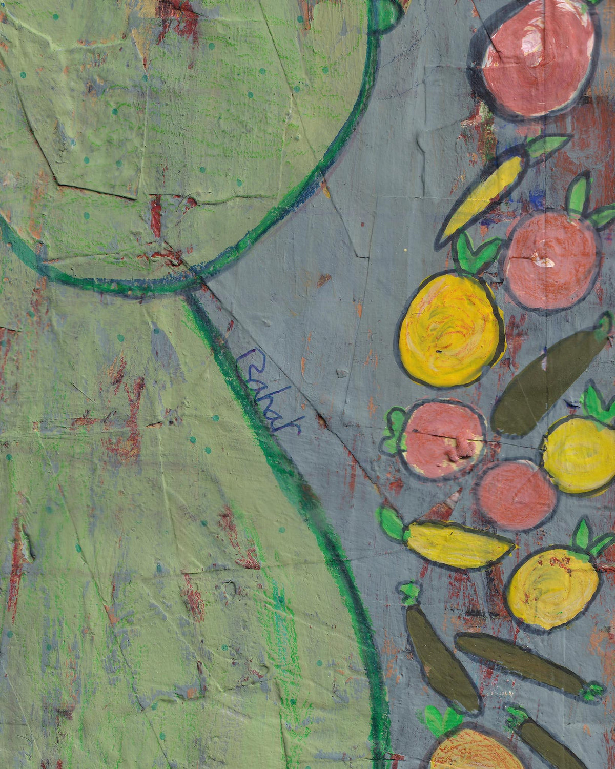 Artistic depiction of a tree with fruits on a textured surface
