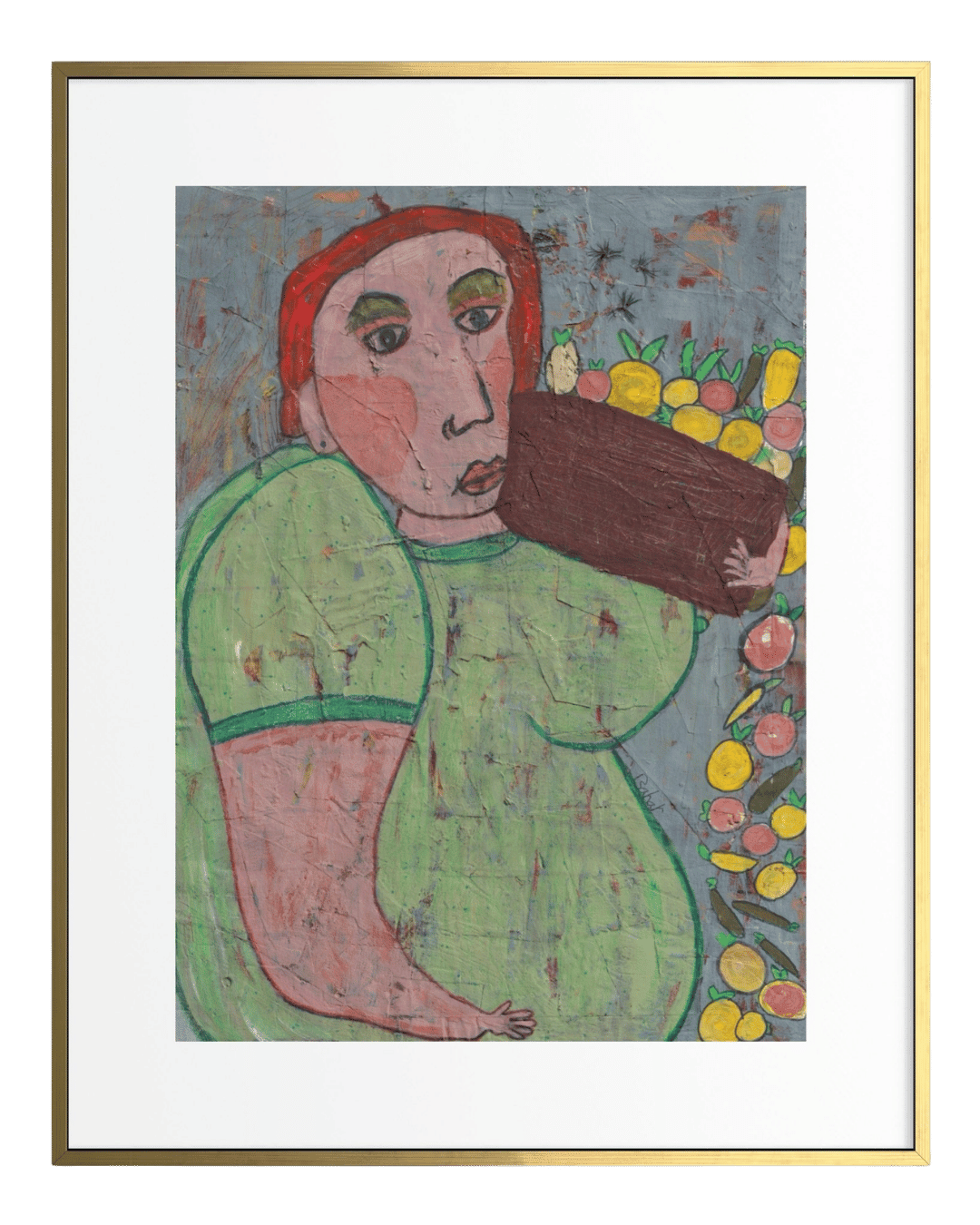 Framed artwork of a person holding a basket with fruits and vegetables.