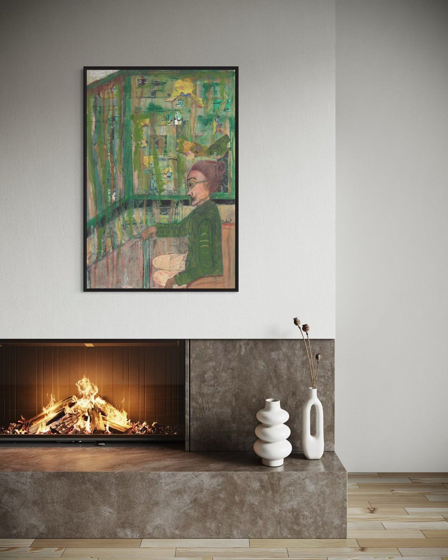 Framed abstract painting above a fireplace with decorative vases on a ledge.