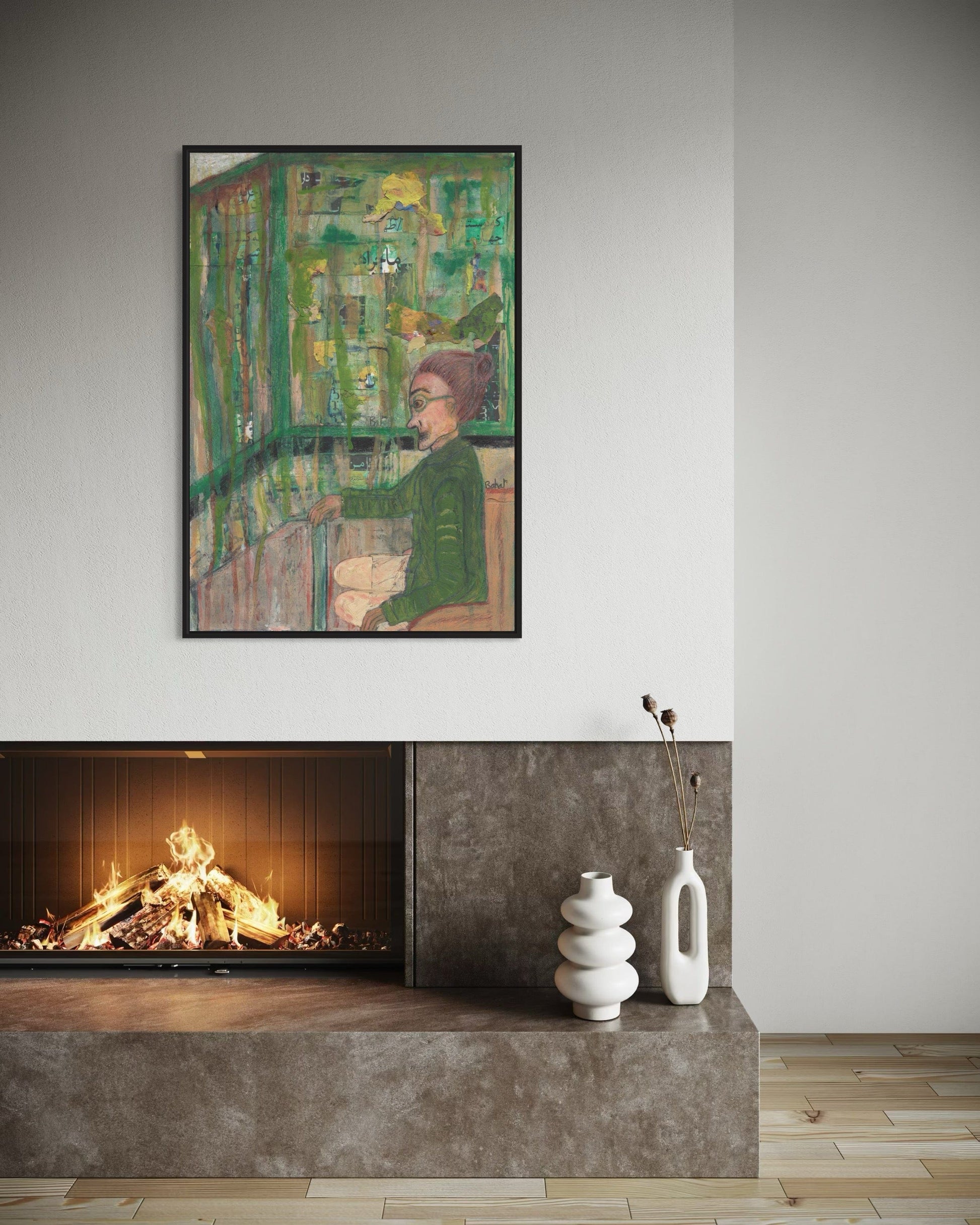 Framed abstract painting above a fireplace with decorative vases on a ledge.