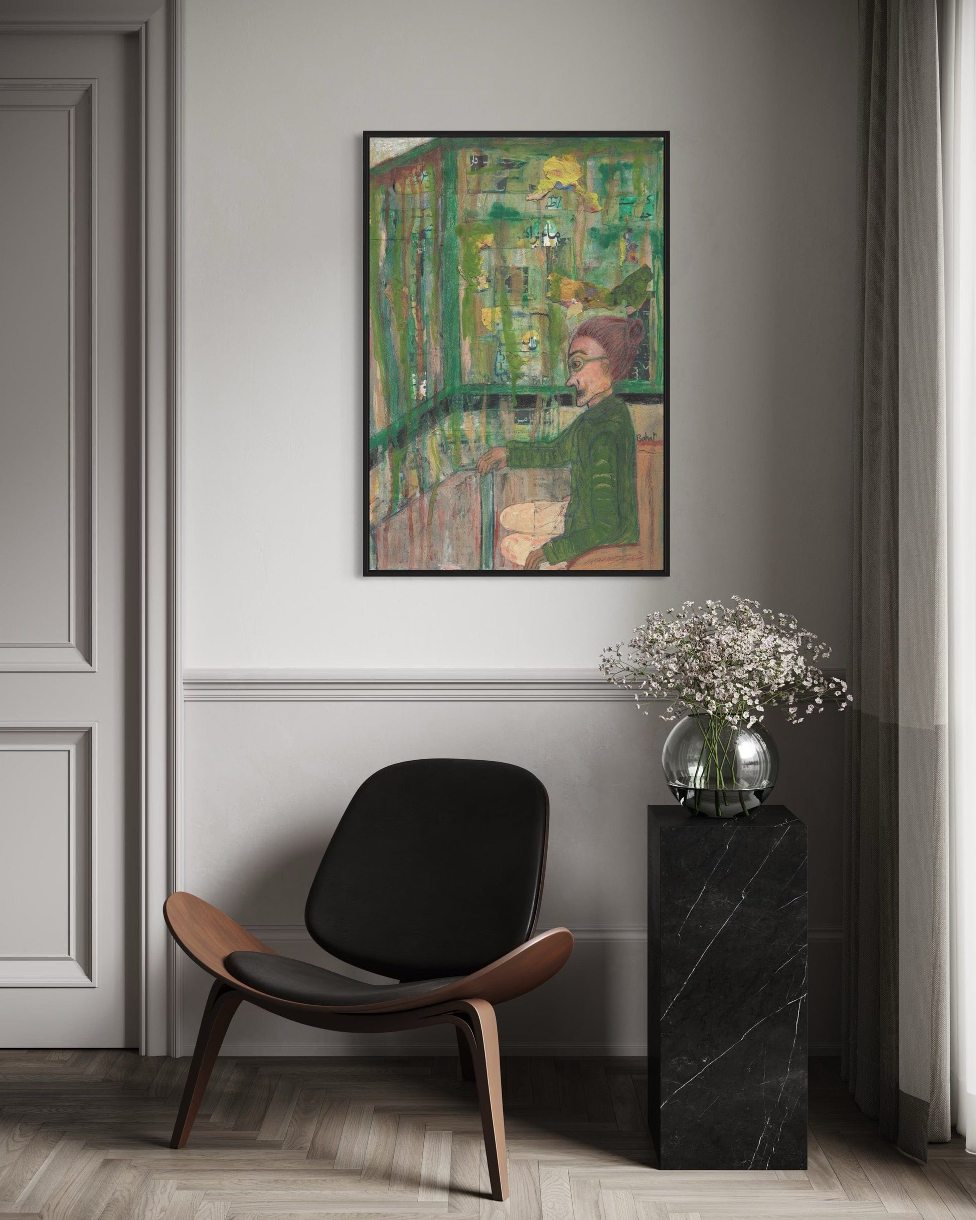 Modern interior with a black chair, marble side table, and abstract painting on a gray wall.