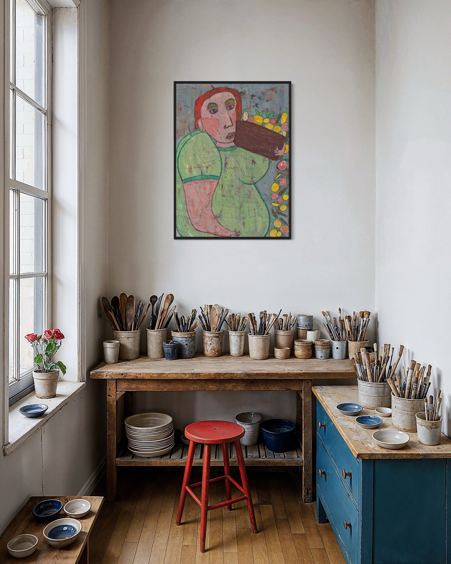 Studio or workshop with pottery tools, a red stool, and a colorful painting on the wall.