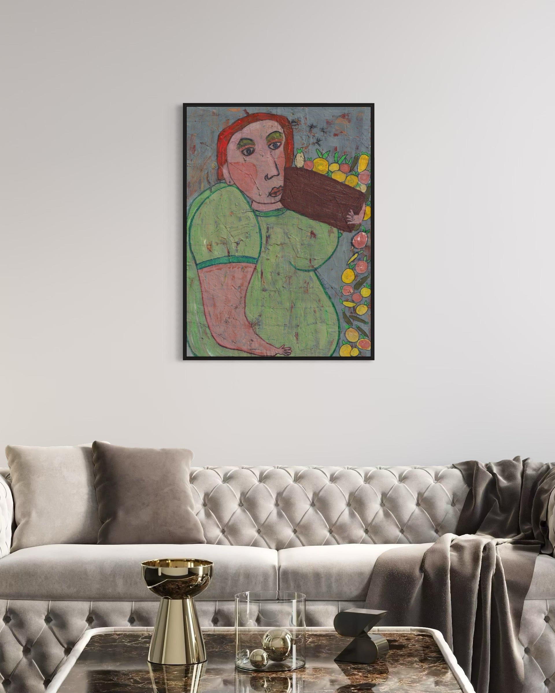 Artistic depiction of a woman with flowers in a living room setting
