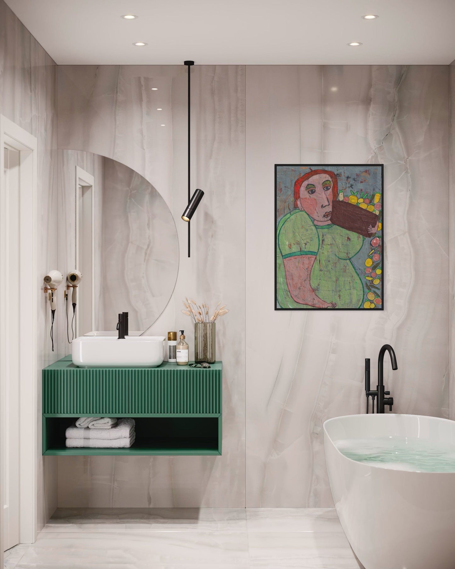 Modern bathroom with green vanity, round mirror, and abstract painting on gray wall.