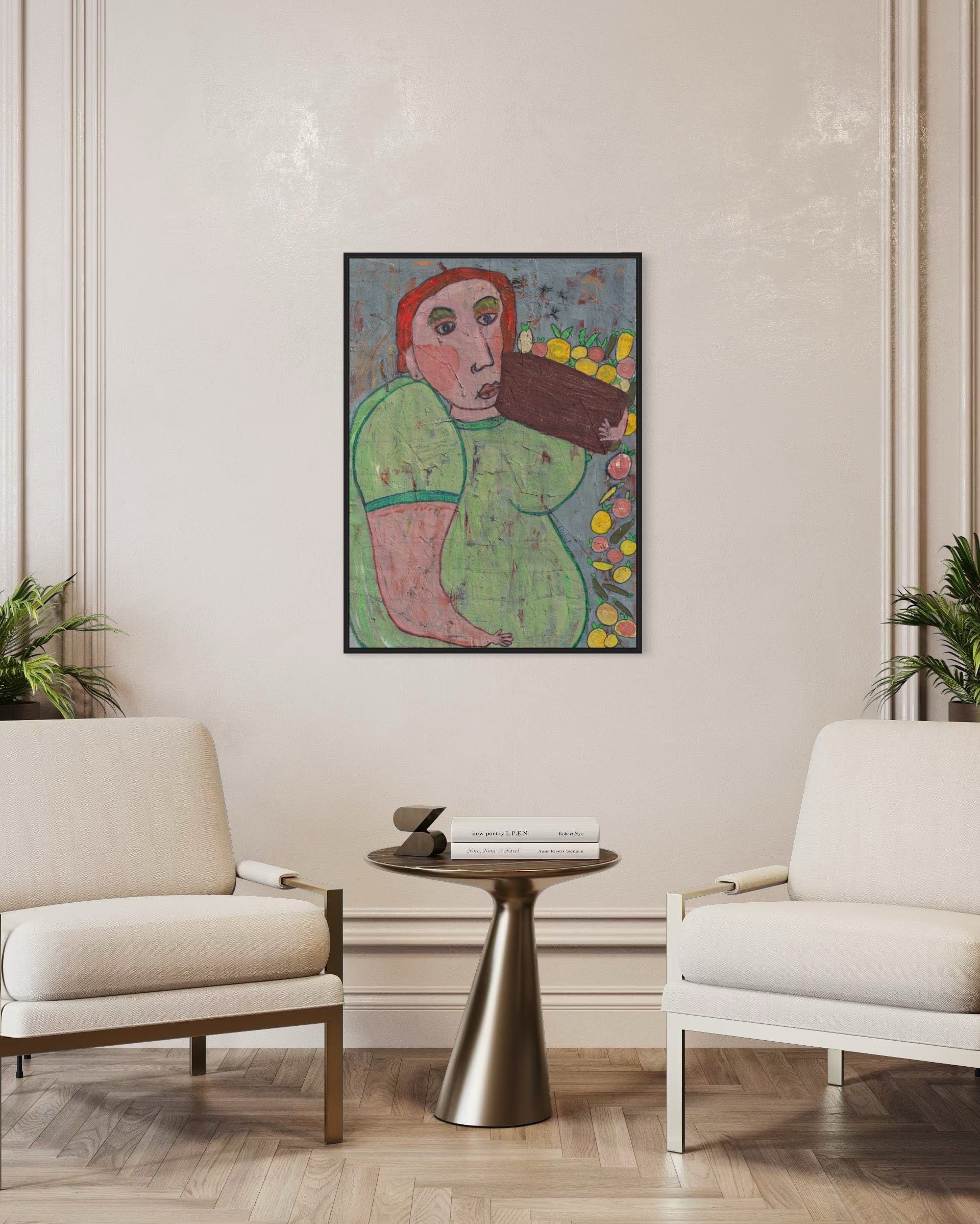 Living room with a painting of a woman holding fruit, two white chairs, and a small round table.