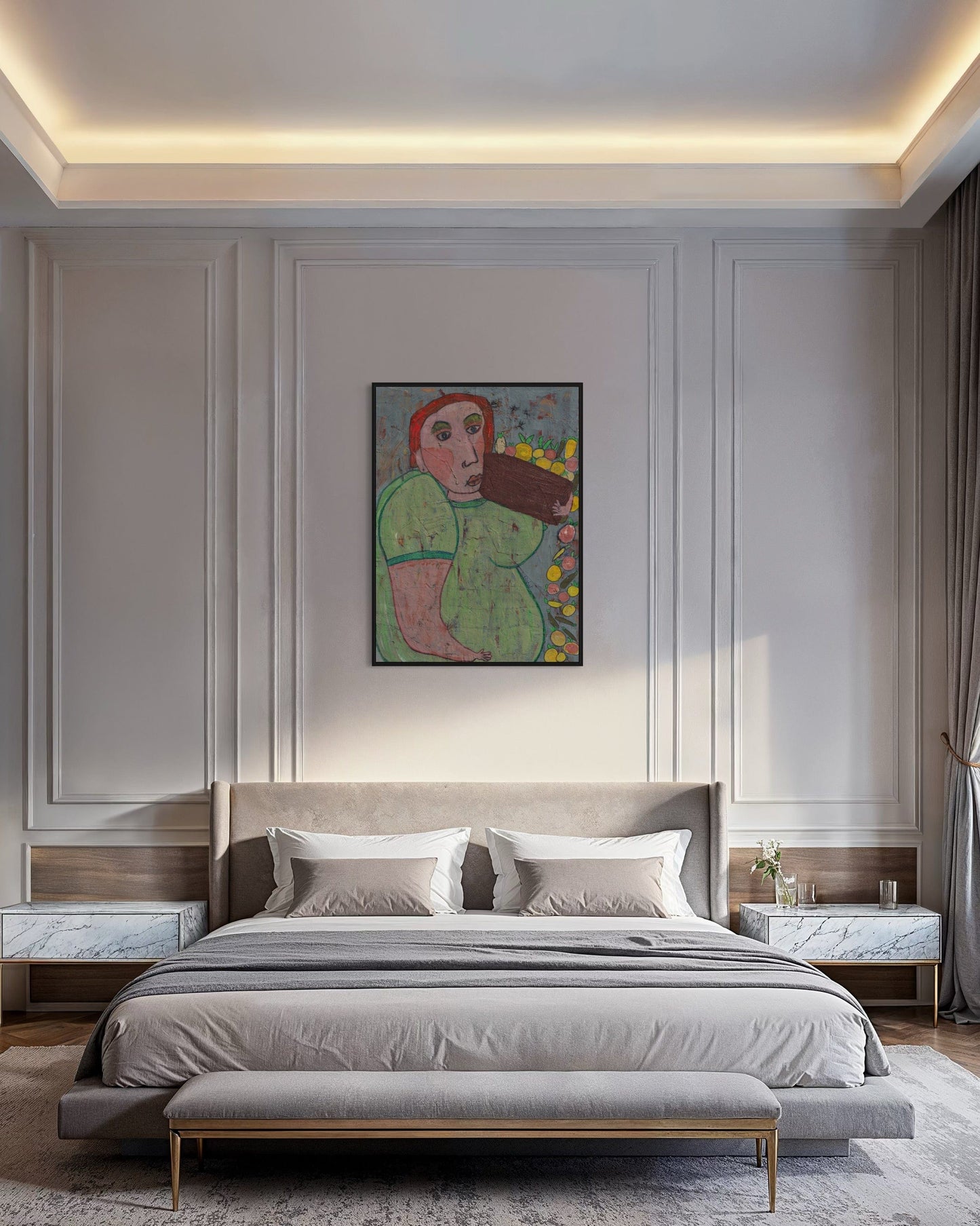 Modern bedroom with a bed, nightstands, and a colorful abstract painting on the wall.