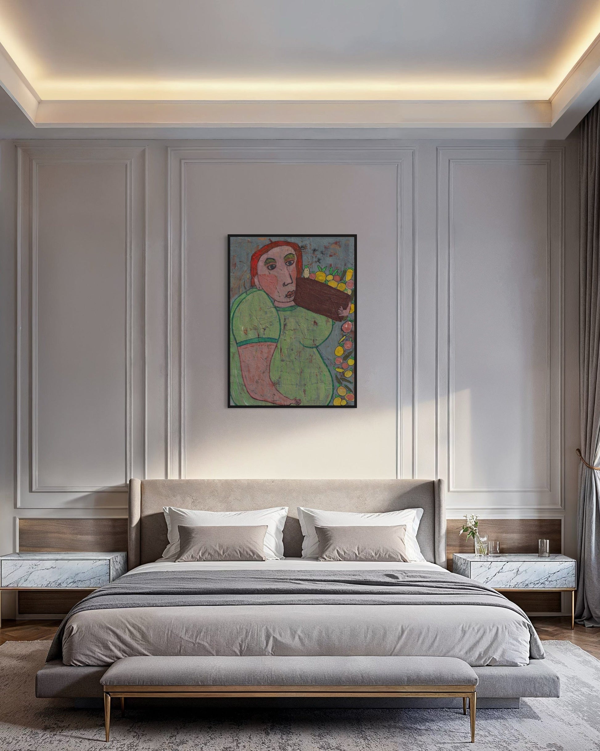 Modern bedroom with a bed, nightstands, and a colorful abstract painting on the wall.