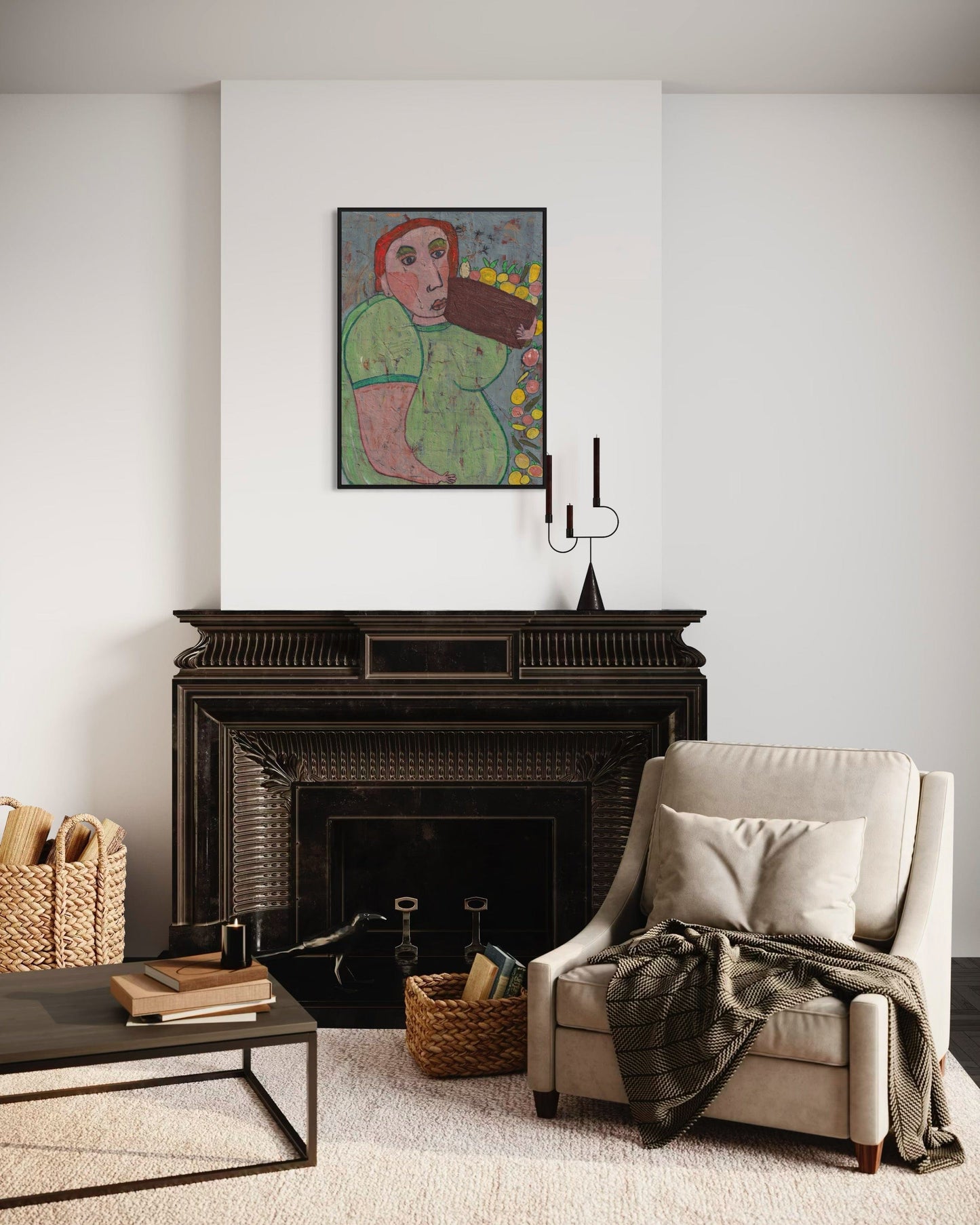 Living room with a fireplace, armchair, and artwork on the wall.