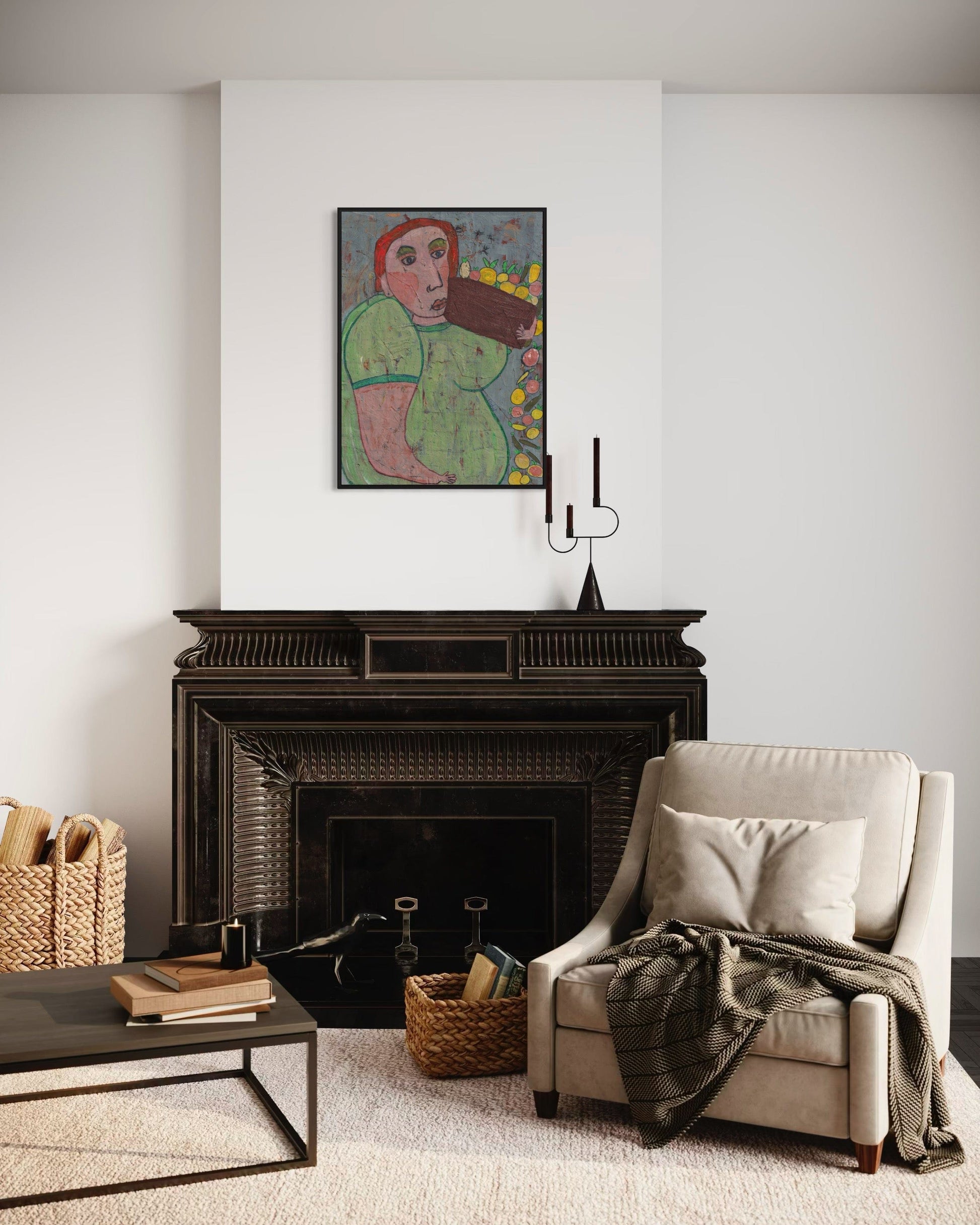 Living room with a fireplace, armchair, and artwork on the wall.