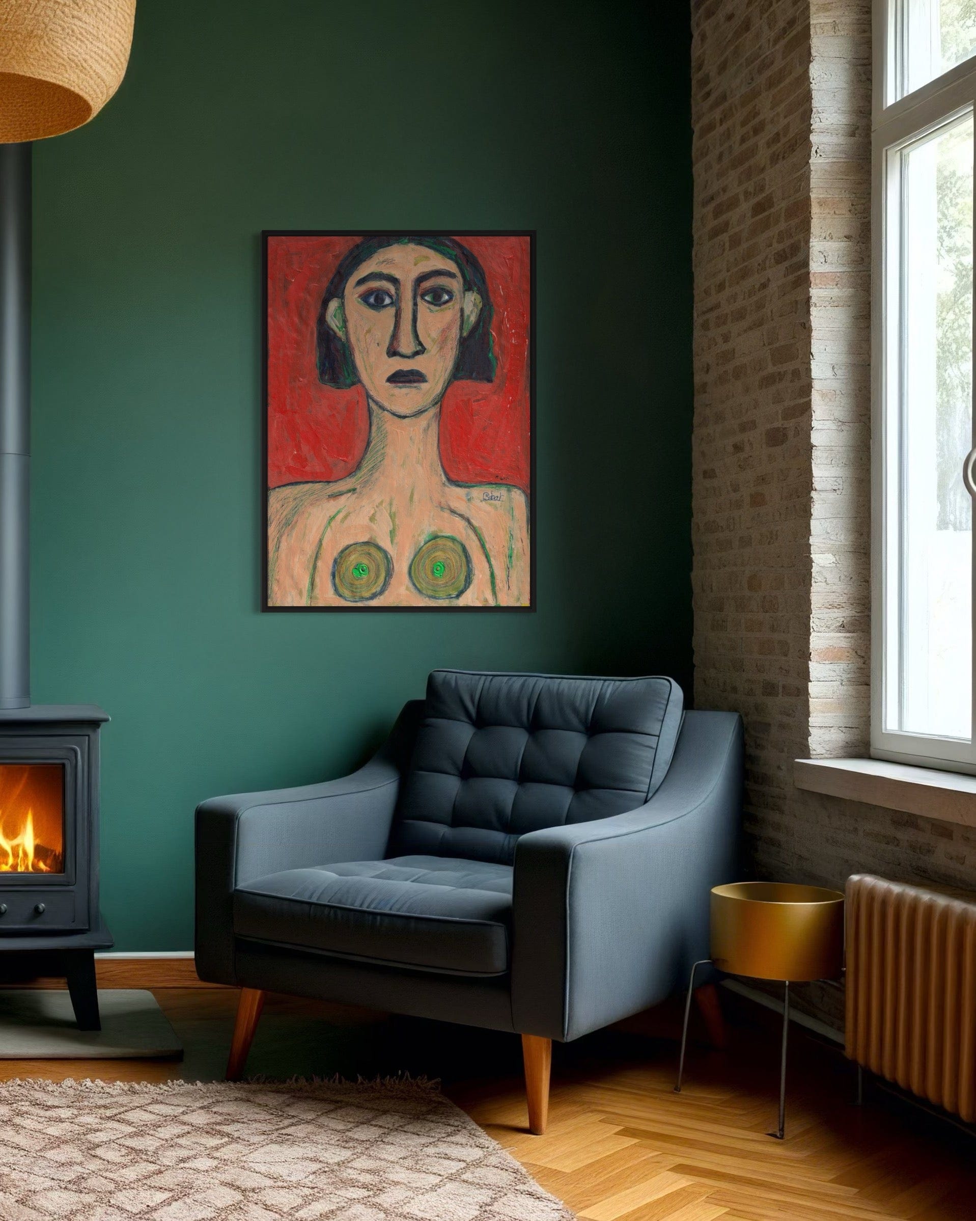Living room with a gray armchair, fireplace, and artwork on a green wall.