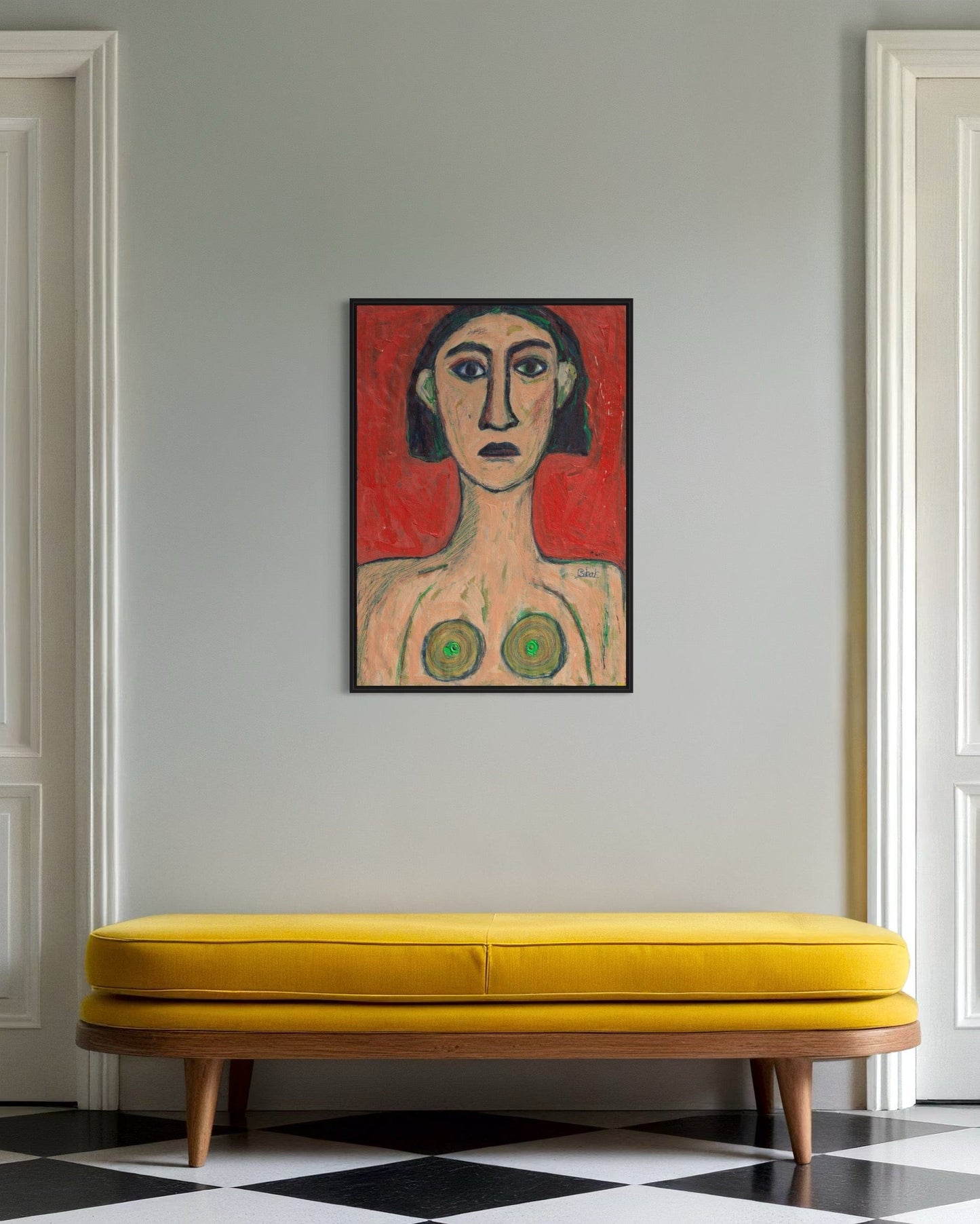 Yellow bench in a room with a painting on the wall