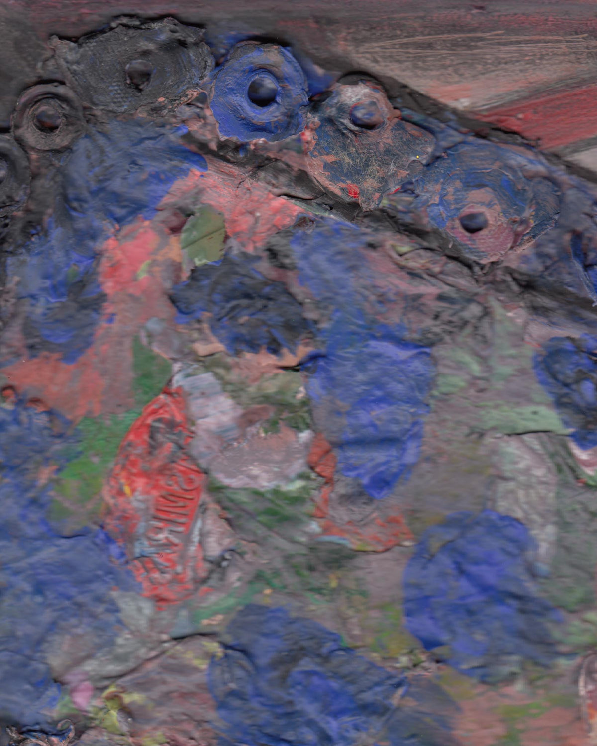 Abstract painting with a mix of blue, red, and gray colors