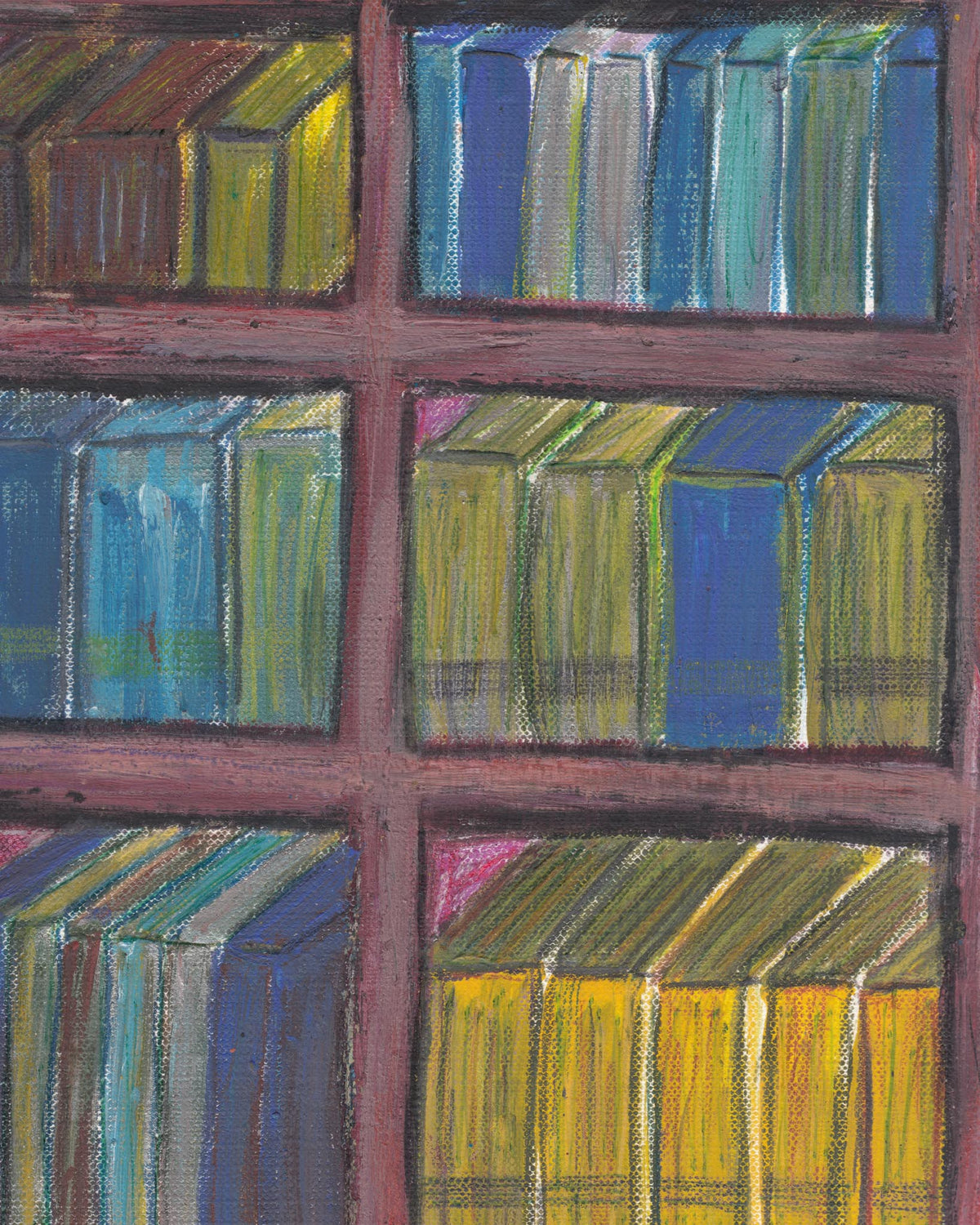 Colorful abstract painting of books on shelves